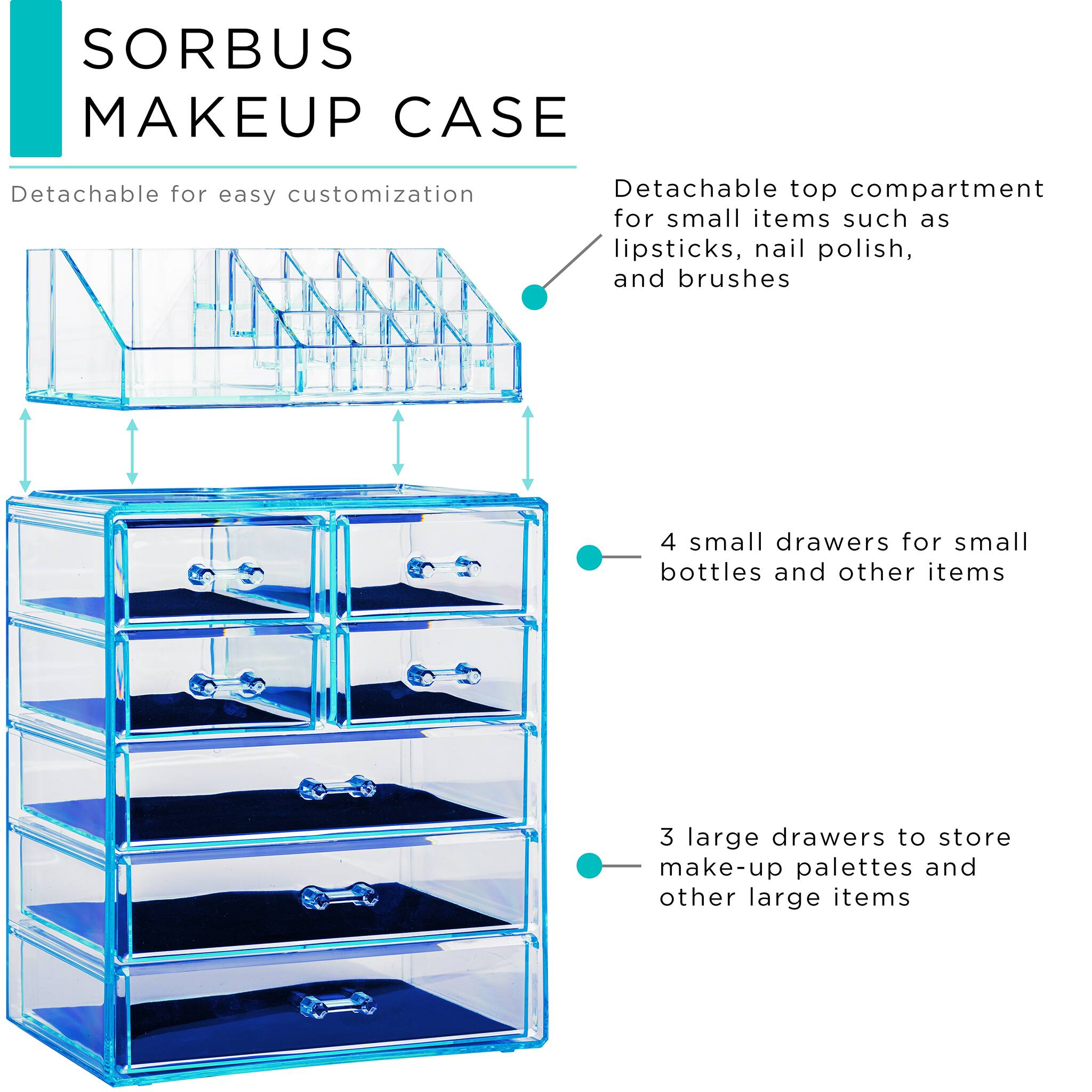 SORBUS MAKEUP CASE

- Detachable for easy customization
- Detachable top compartment for small items such as lipsticks, nail polish, and brushes
- 4 small drawers for small bottles and other items
- 3 large drawers to store make-up palettes and other large items