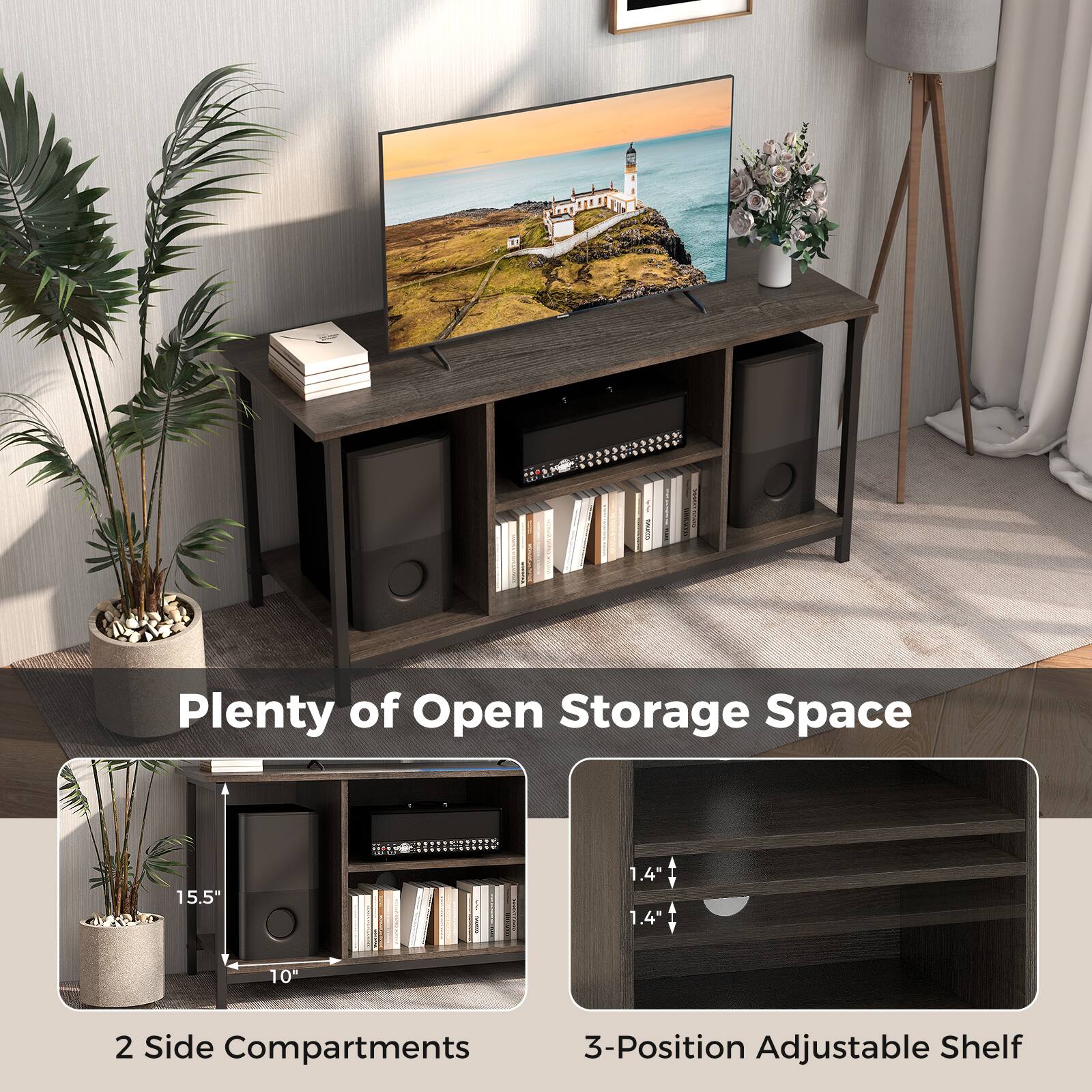 Plenty of Open Storage Space

2 Side Compartments

3-Position Adjustable Shelf