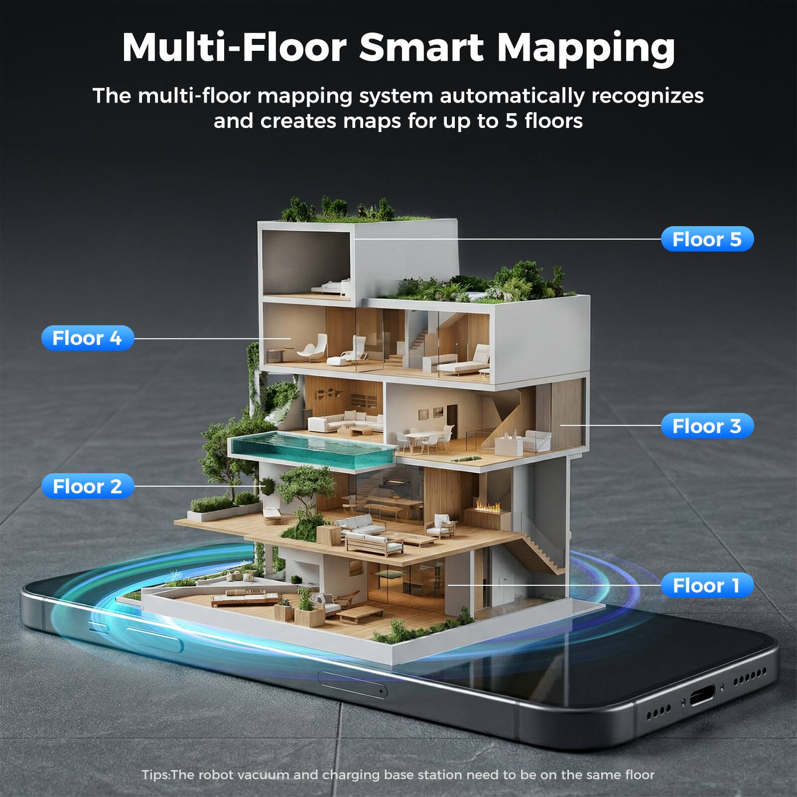 Multi-Floor Smart Mapping

The multi-floor mapping system automatically recognizes and creates maps for up to 5 floors

Floor 5
Floor 4
Floor 3
Floor 2
Floor 1

Tips: The robot vacuum and charging base station need to be on the same floor
