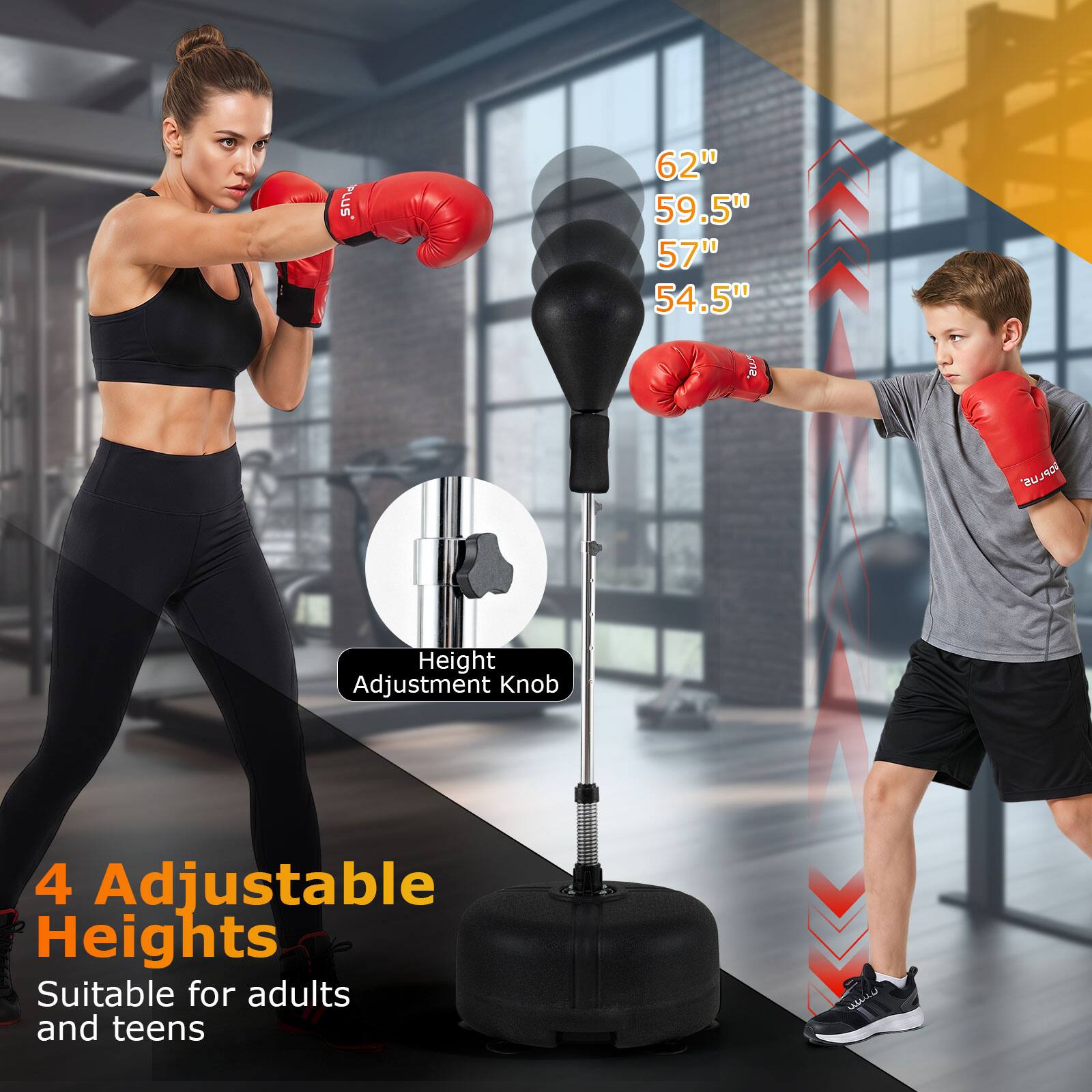 PLUS*  
62" 59.5" 57" 54.5" US  
OPLUS LUS  
Height Adjustment Knob  
4 Adjustable Heights Suitable for adults and teens