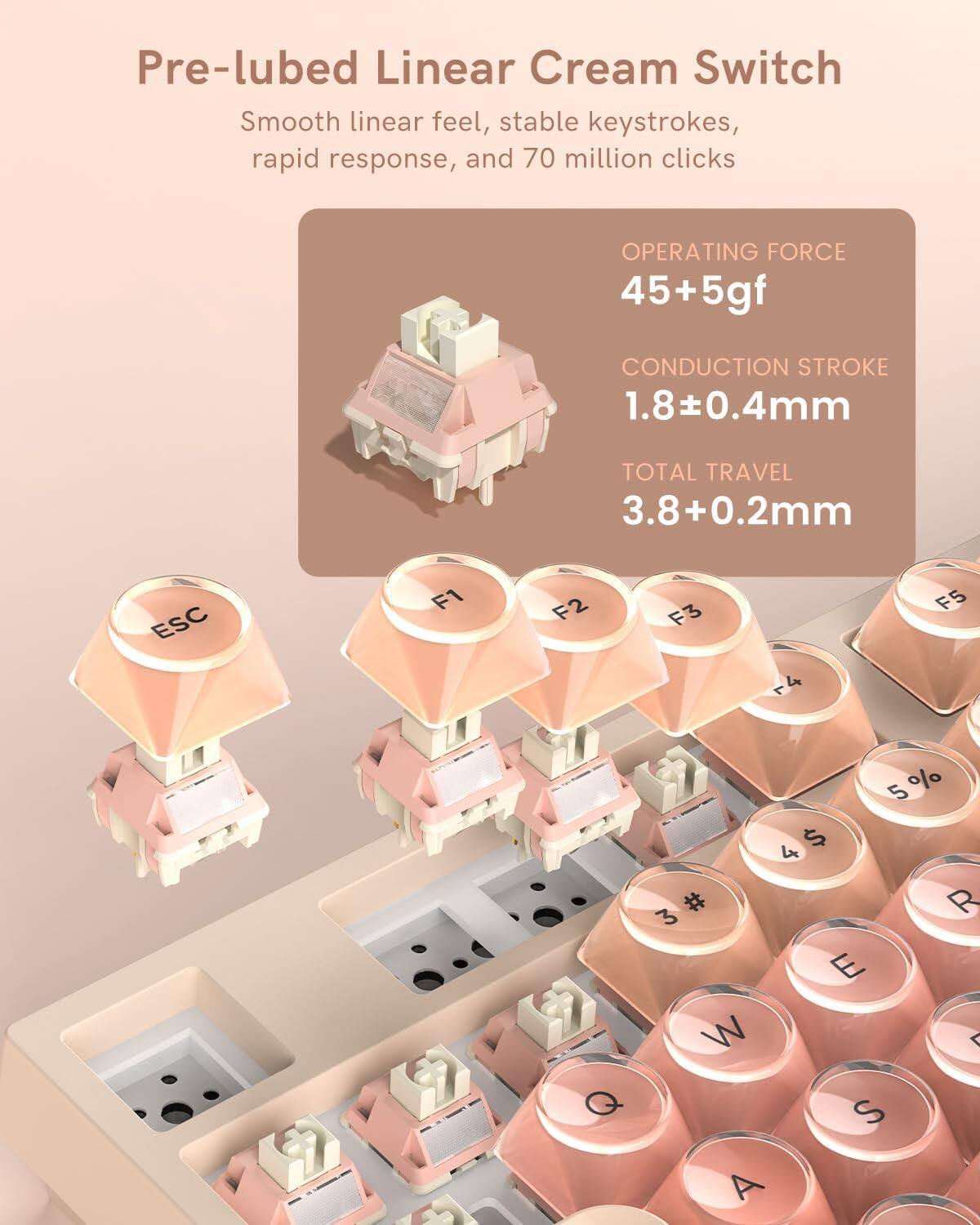 Pre-lubed Linear Cream Switch  
Smooth linear feel, stable keystrokes, rapid response, and 70 million clicks  

OPERATING FORCE  
45+5gf  

CONDUCTION STROKE  
1.8±0.4mm  

TOTAL TRAVEL  
3.8+0.2mm  

ESC F1 F2 F3 F4 F5  
Q W E R T Y U I O P  
A S D F G H J K L ;  
Z X C V B N M , . /