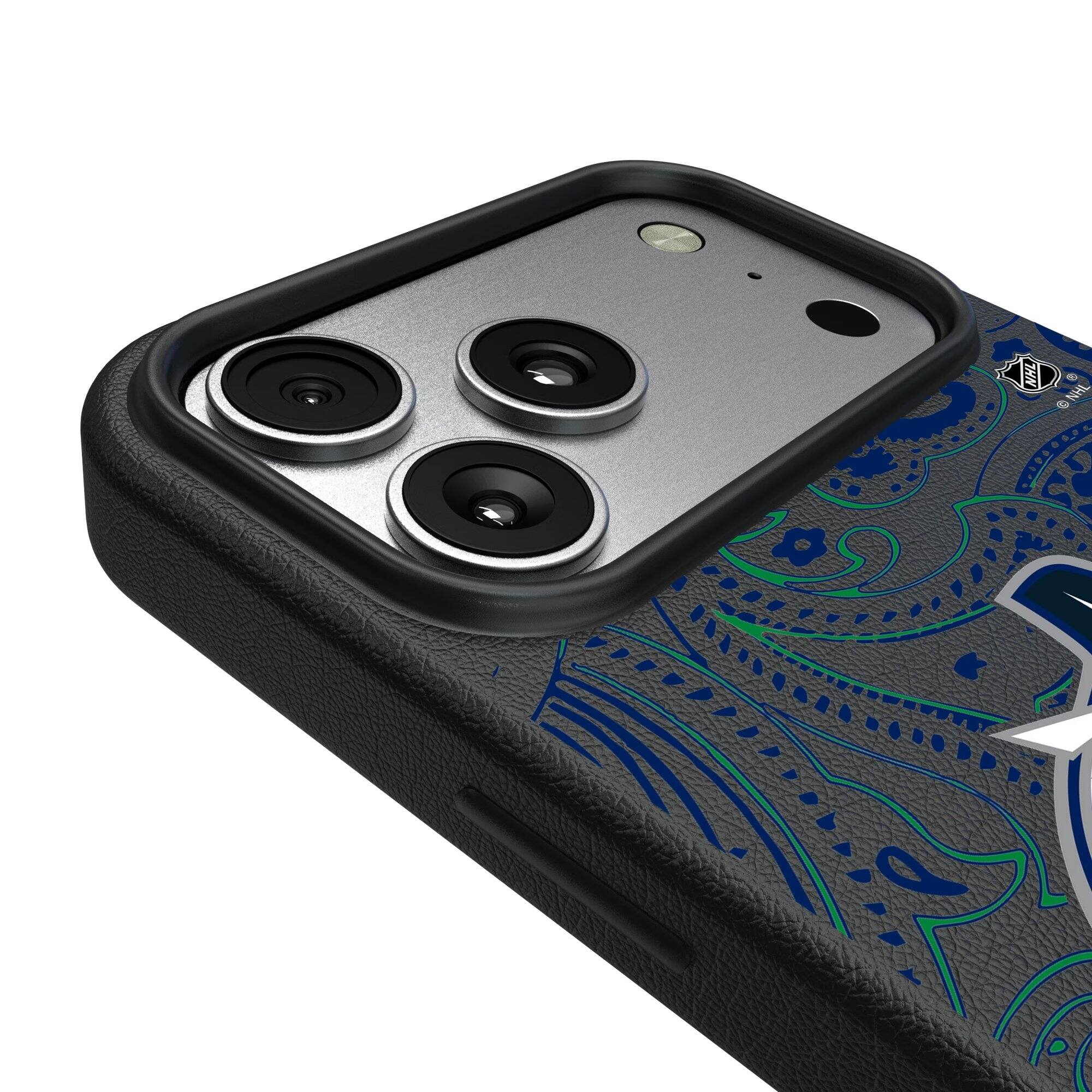 Alt View 2. Keyscaper - Black Vancouver Canucks Paisley iPhone Magnetic Bump Case - 15 Plus - Black.