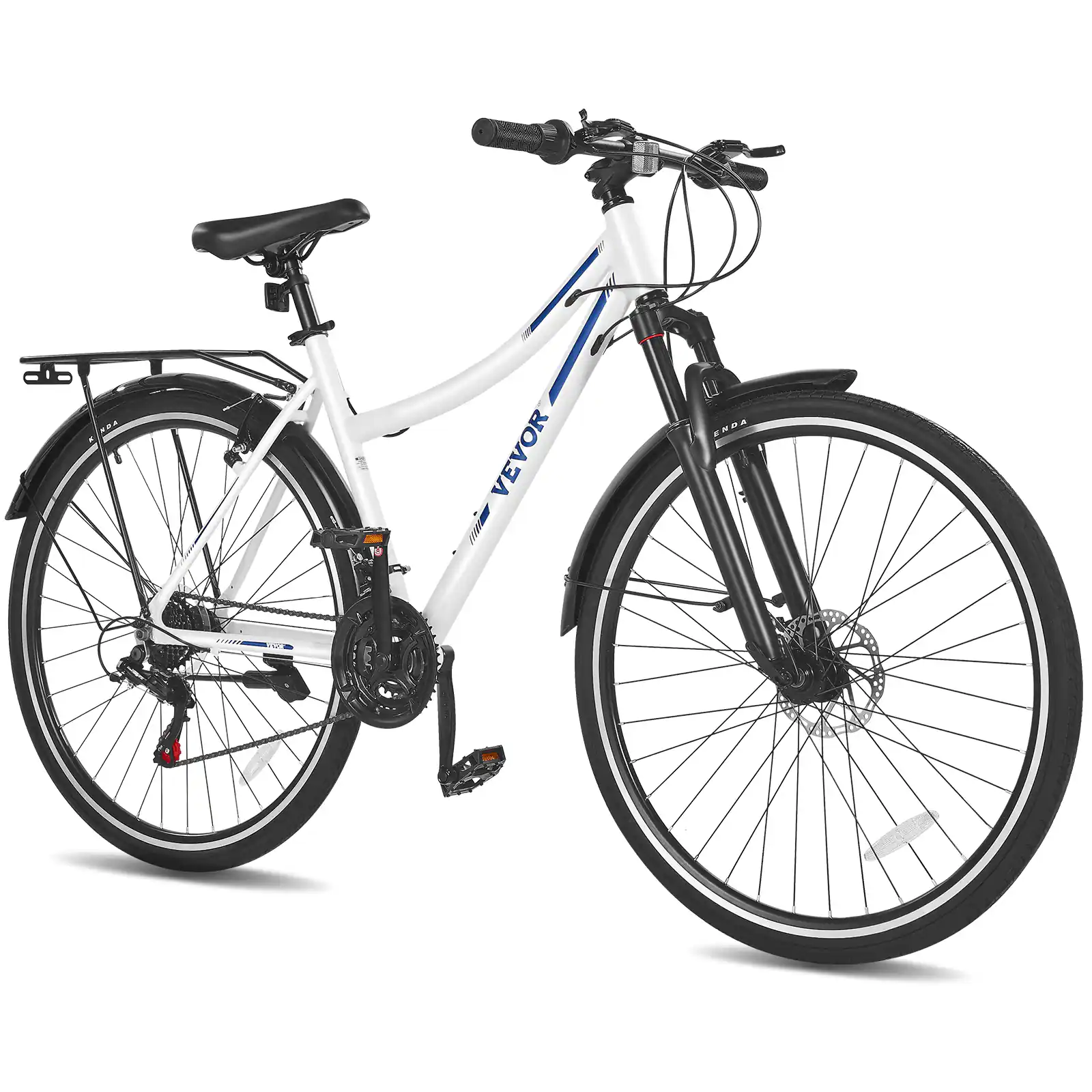 VEVOR - Hybrid Bike, Lightweight Aluminum Frame Bike, 700c Wheel Hybrid Bicycle, Step-Through Bikes, 21-Speed Shimano Drivetrain - White, black