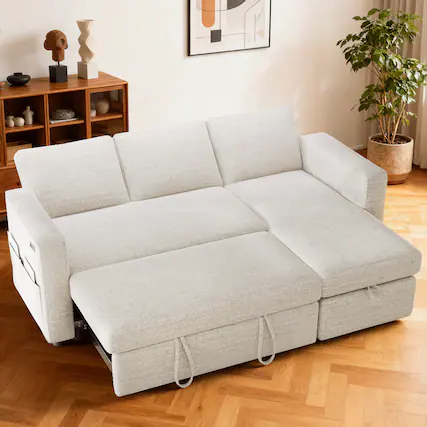 Front. Vipbear - 81" L Shaped Chenille Sleeper Sofa Bed with Pull Out Bed Reclining Backrest,Storage Chaise,USB Ports,Tool-Free Assembly - Beige.