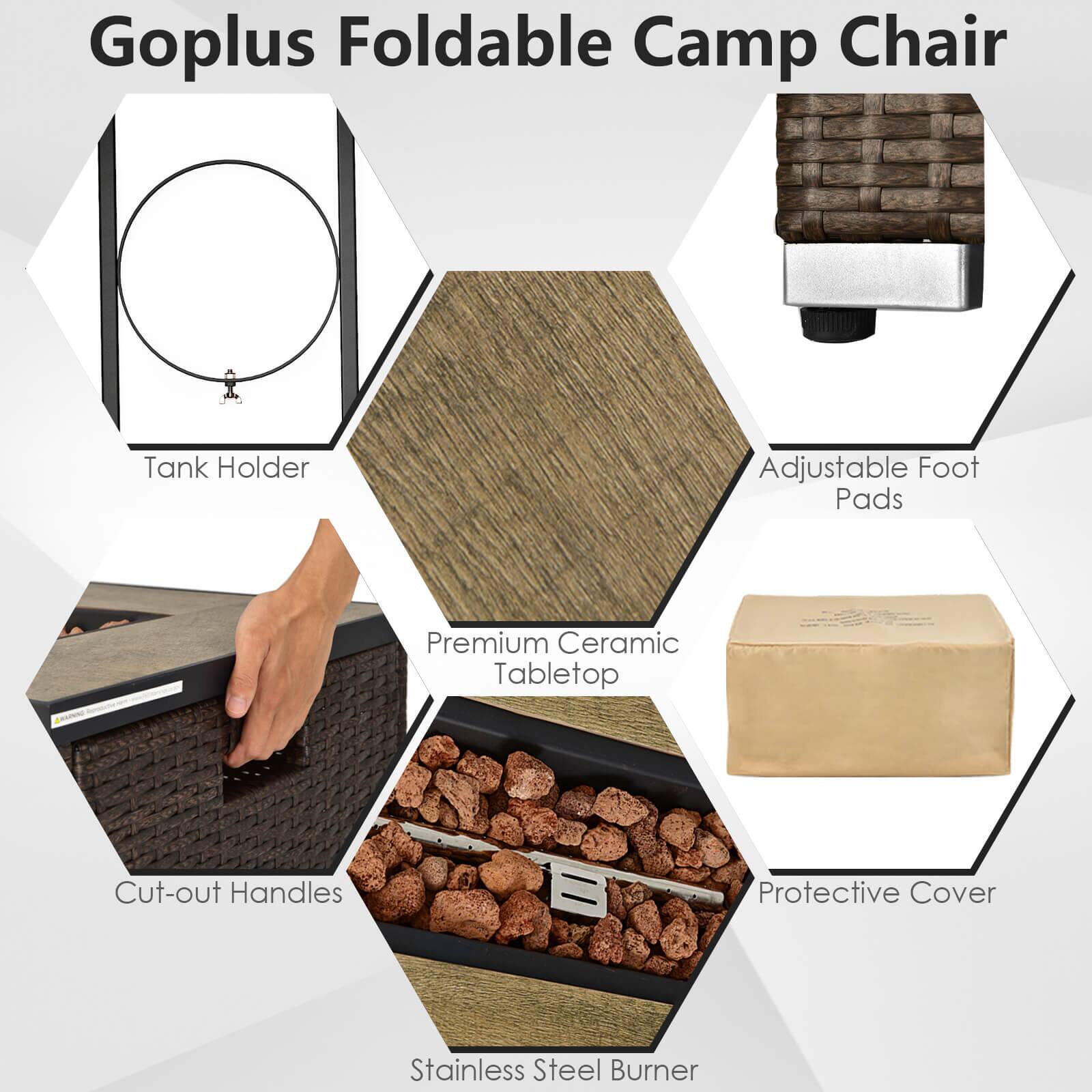 Goplus Foldable Camp Chair

- Tank Holder
- Adjustable Foot Pads
- Premium Ceramic Tabletop
- Cut-out Handles
- Protective Cover
- Stainless Steel Burner