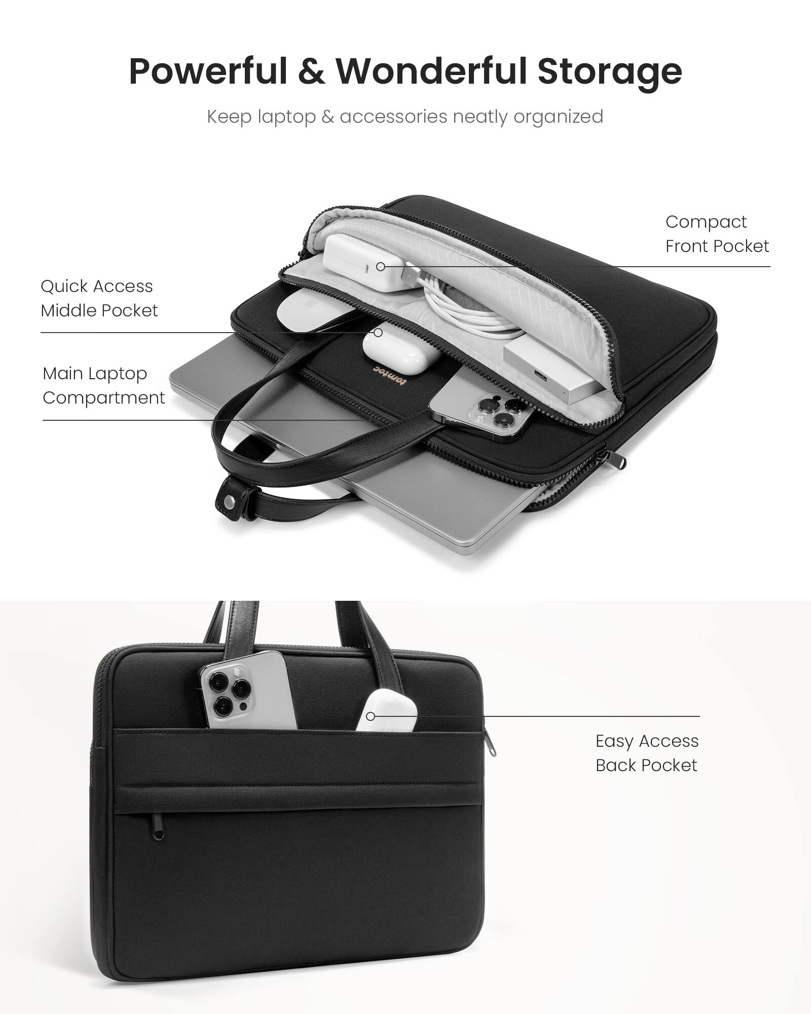 Powerful & Wonderful Storage: Keep laptop & accessories neatly organized. Compact Front Pocket for quick access, Middle Pocket for main laptop compartment, and Easy Access Back Pocket.