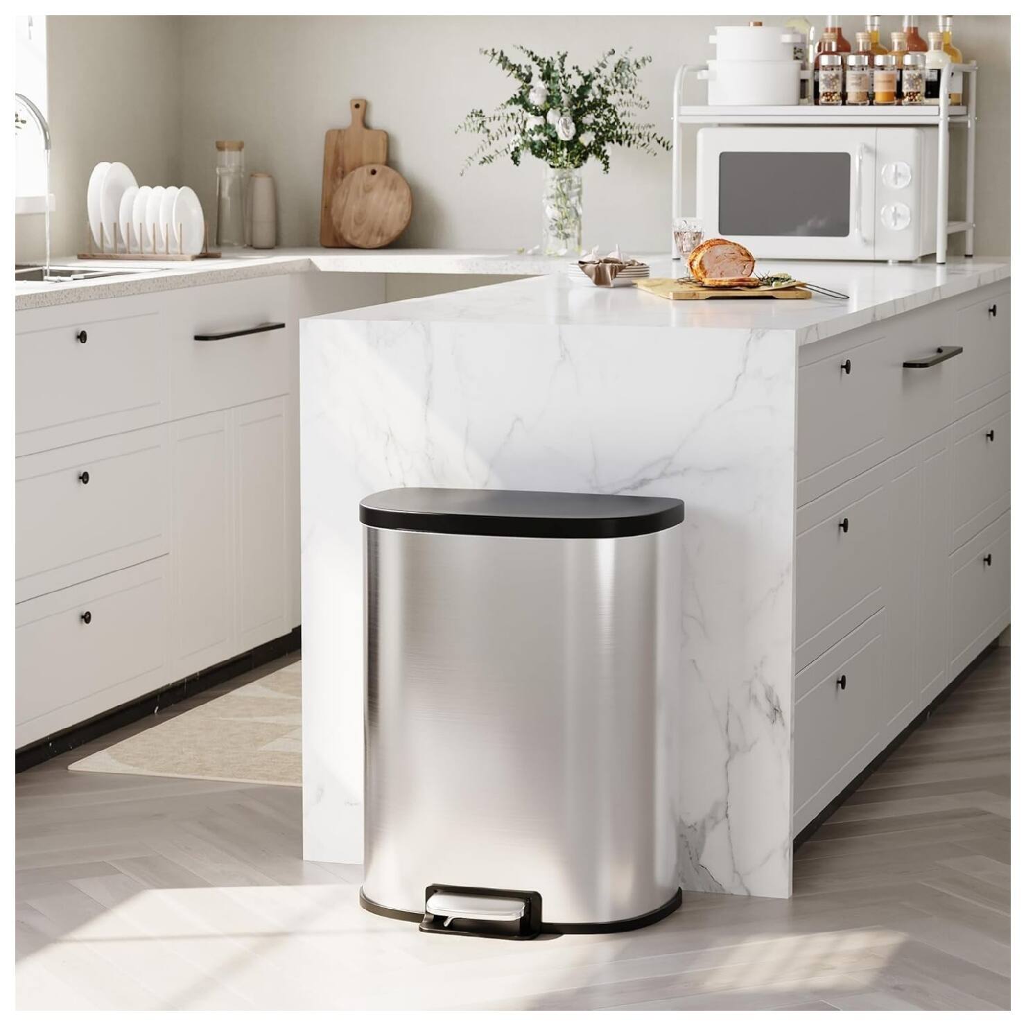 Alt View 4. GARVEE - 50L Stainless Steel Trash Can with Foot Pedal, Soft-Close Lid & Removable Inner Bucket - Silver.