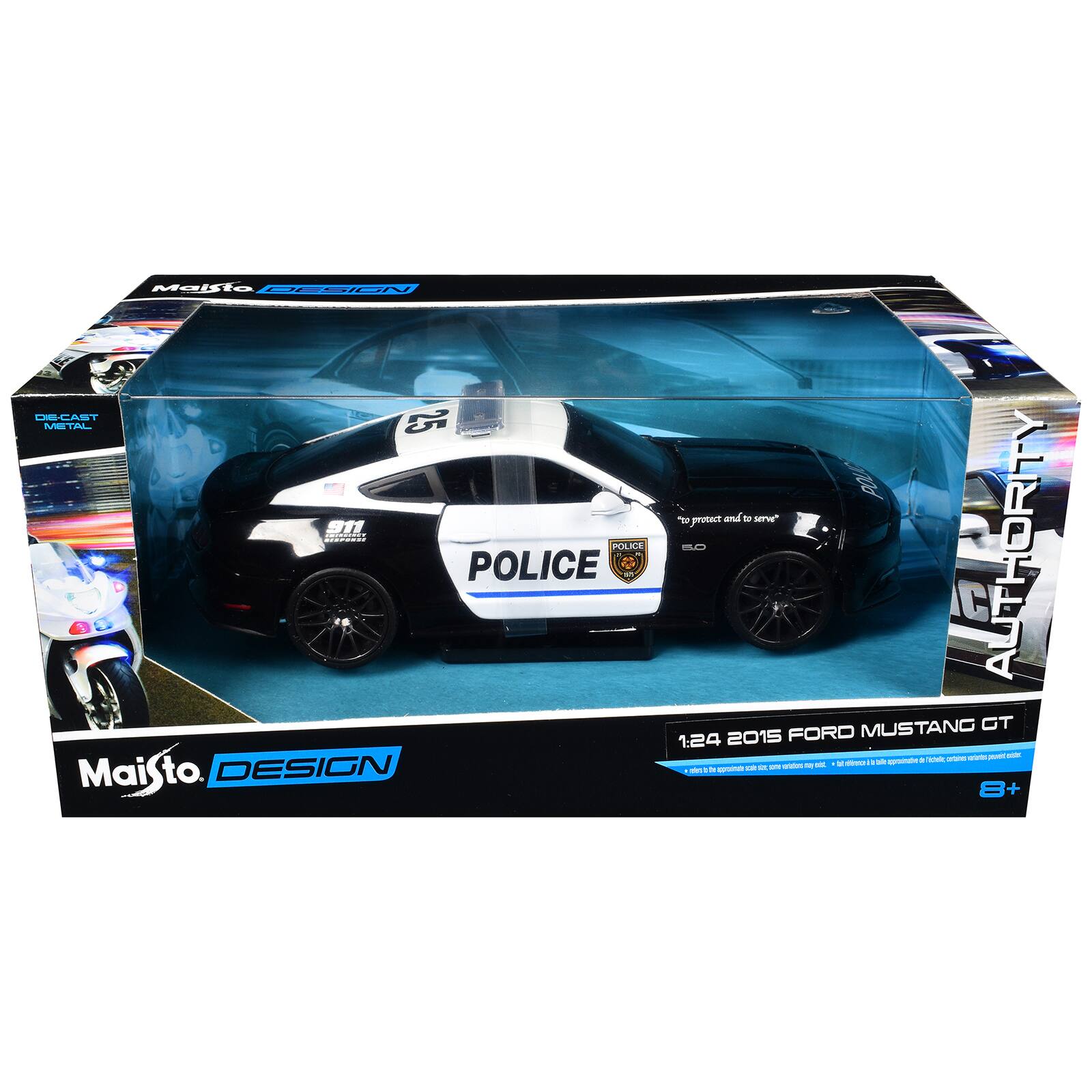 Maisto DESIGN

POLICE

"to protect and to serve"

1:24 2015 FORD MUSTANG GT

AUTHORITY

DIE CAST METAL

8+