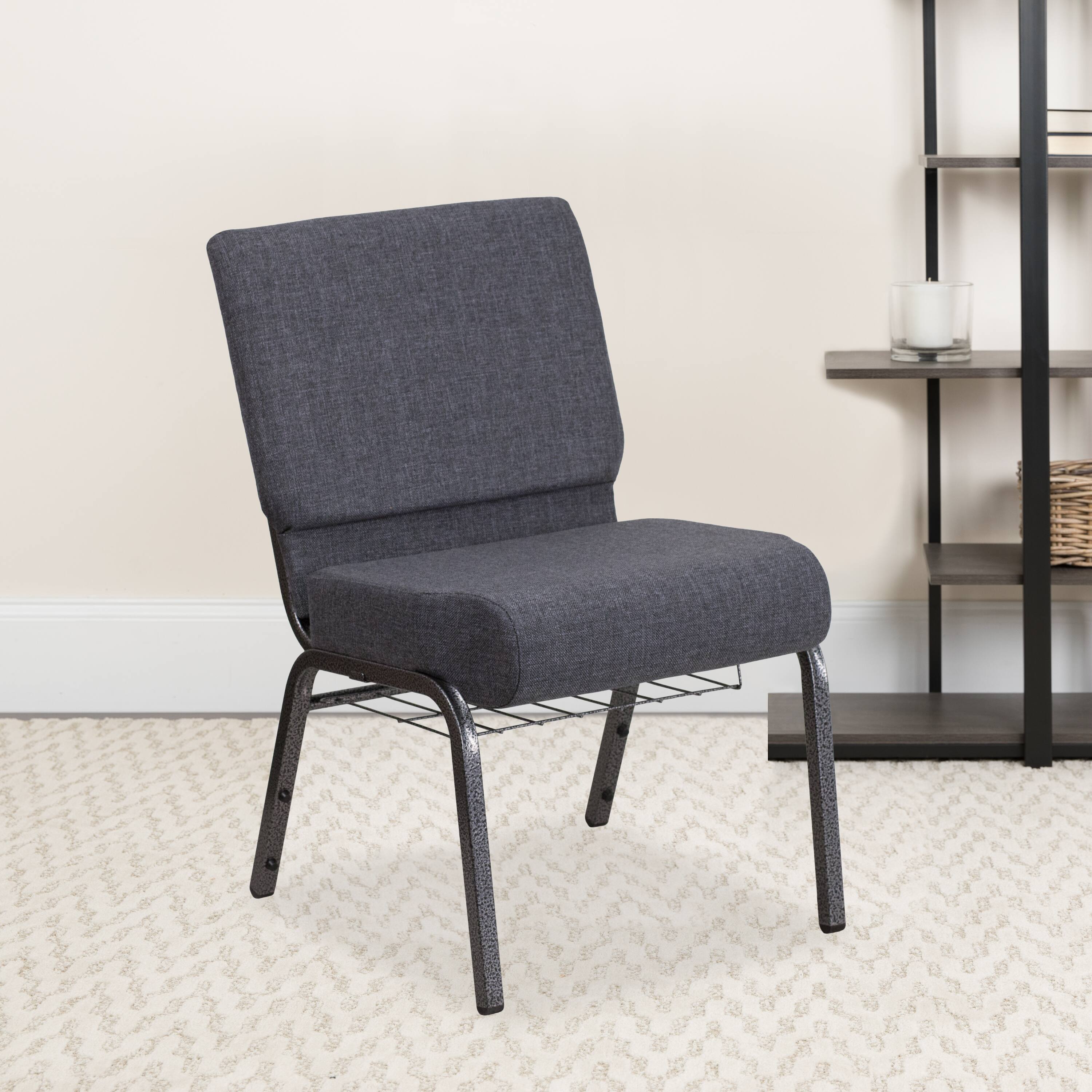 Alt View 1. Emma + Oliver - 21"W Church/Reception Guest Chair with Communion Cup Book Rack - Dark Gray Fabric/Silver Vein Frame.