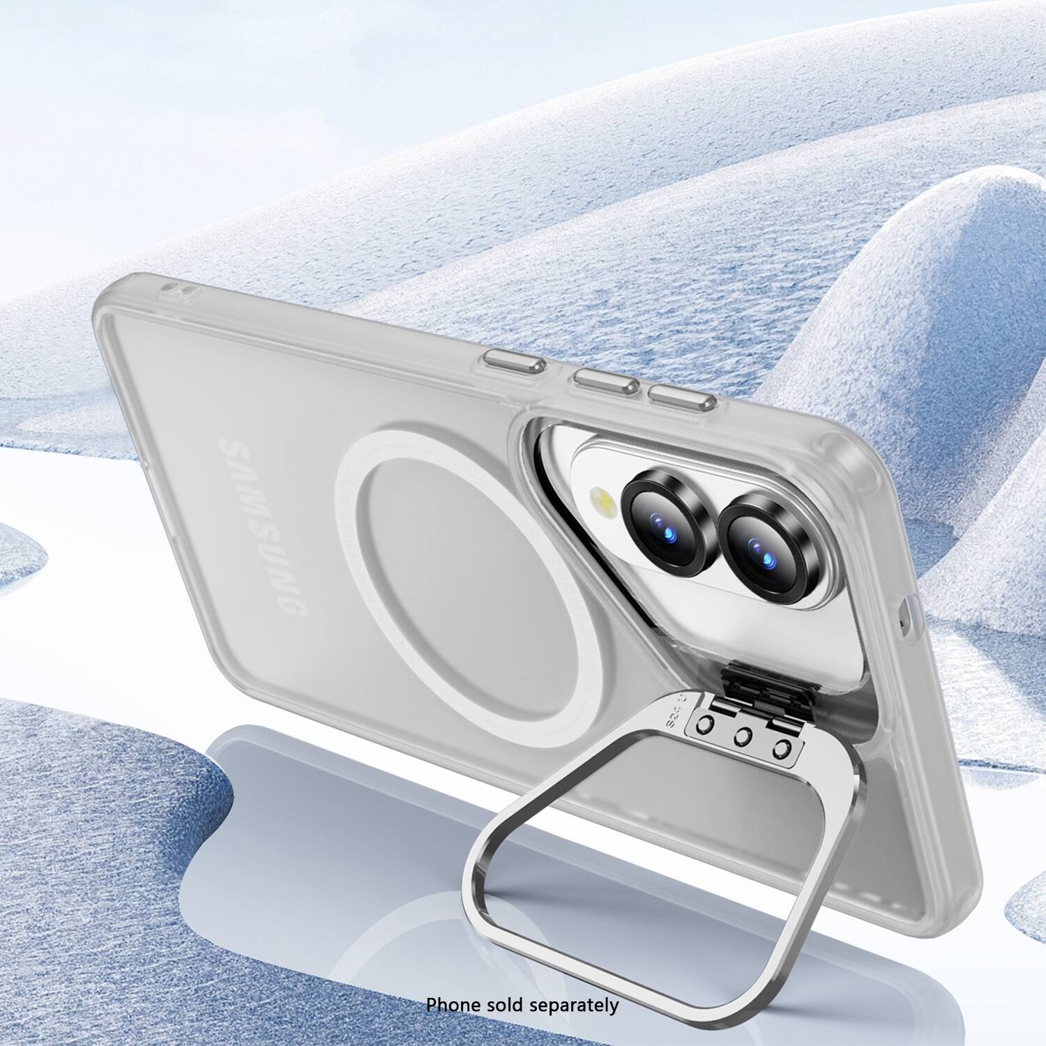 The image features a Samsung phone that is sold separately. The phone is placed in a case, which is designed to protect the device. The case is white and has a silver frame. The phone is positioned in a way that it appears to be sitting on a snowy surface, giving the impression of a wintery environment.