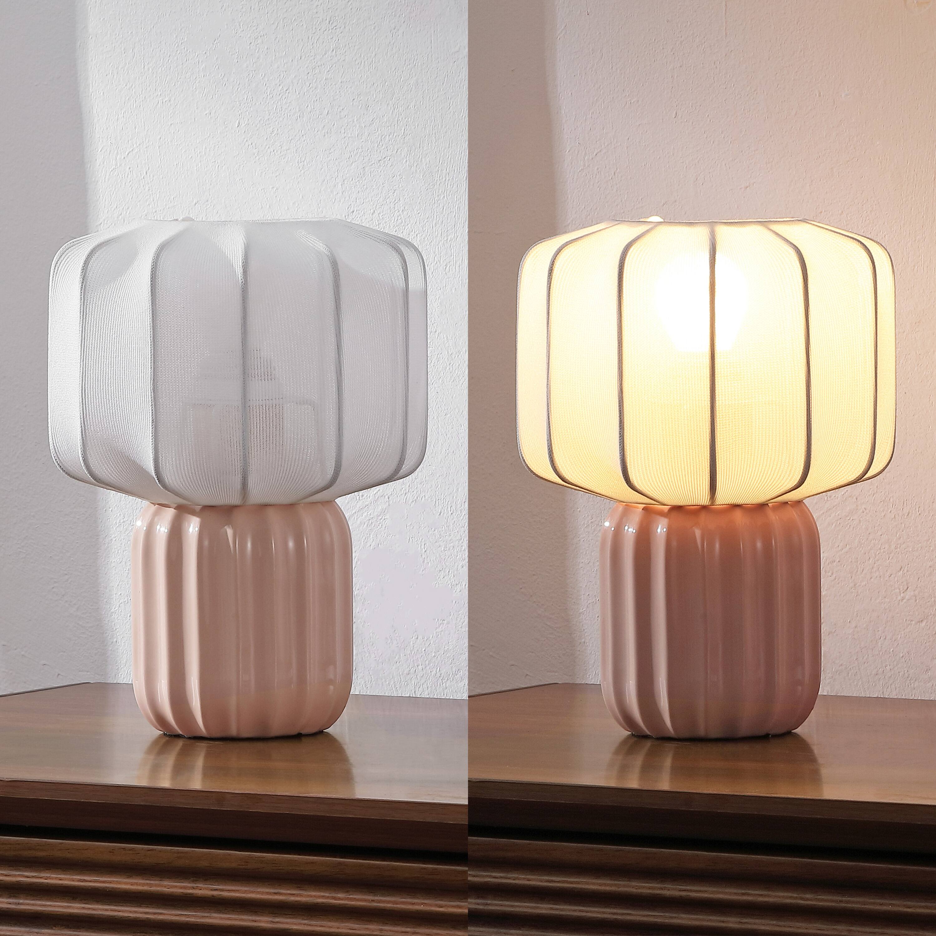 Alt View 6. Jonathan Y - Leola 10 in. Modern Contemporary Ceramic Fluted Mini with Ribbed Cocoon Pumpkin Shade LED Table Lamp, Light Pink/White - Light Pink.