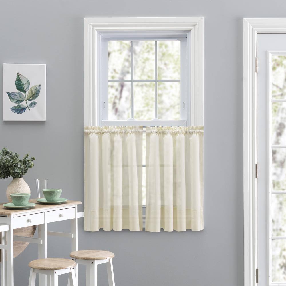 Angle. Ellis Curtain - Ellis Curtain Shadow Stripe 1.5" Rod Pocket Tailored Tier Pair for Windows 80" x 30" Natural - Natural.