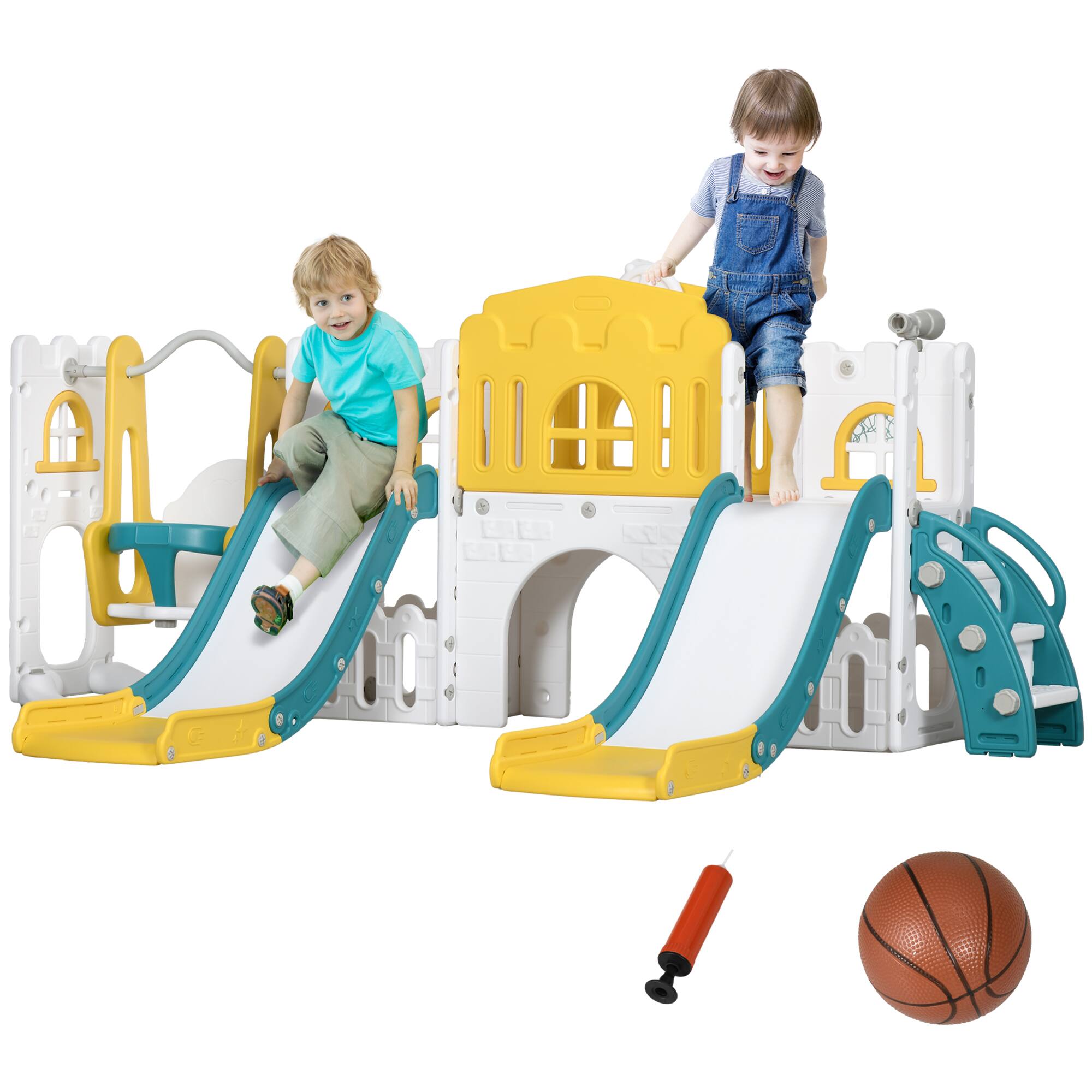 Front. APRILSOUL - 8 in 1 Toddler Slide and Swing Set with 2 Slides Baby Slide for Ages 1-3 with Basketball Hoop Yellow.