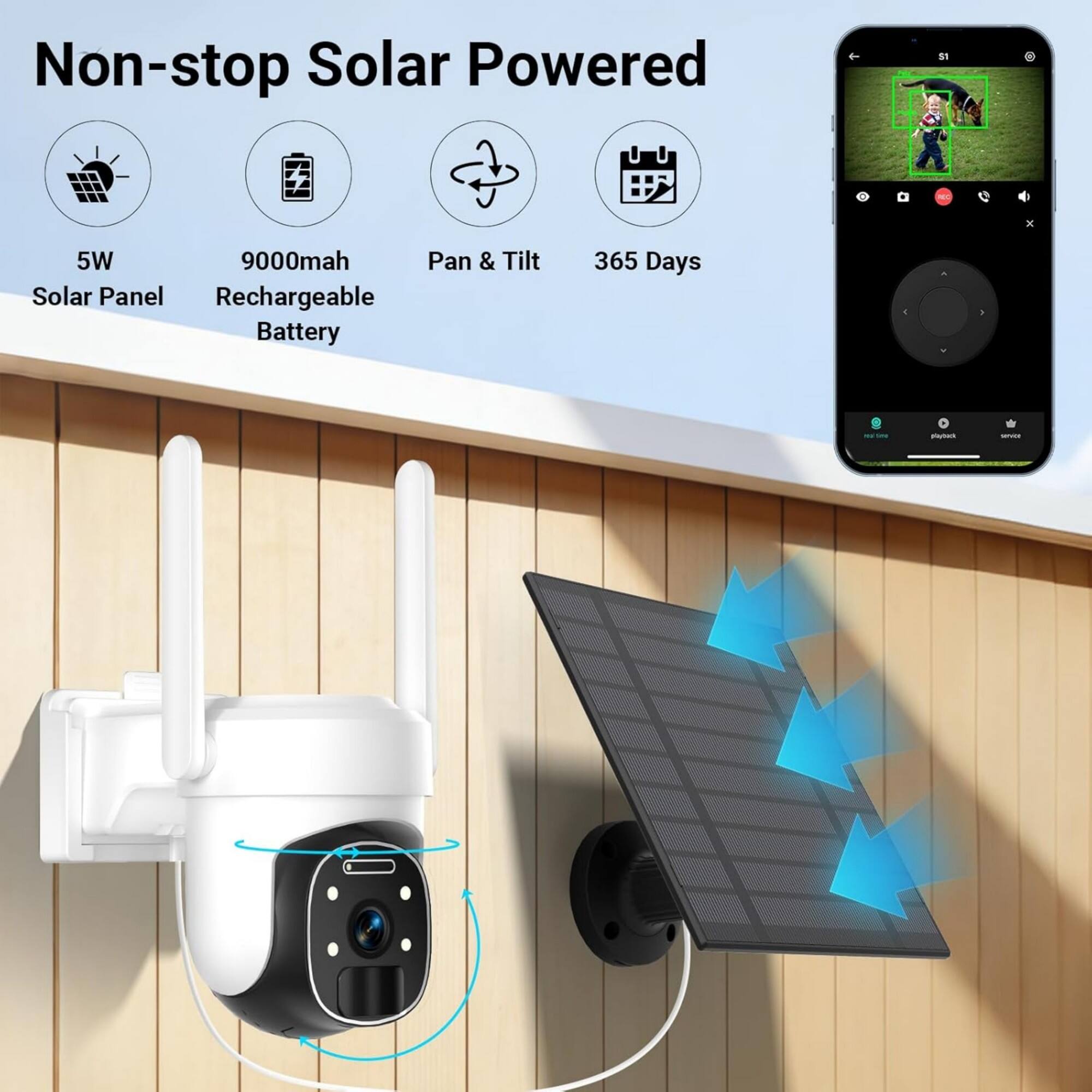 Non-stop Solar Powered S1 - 5W 9000mah Pan & Tilt Solar Panel Rechargeable Battery 365 Days