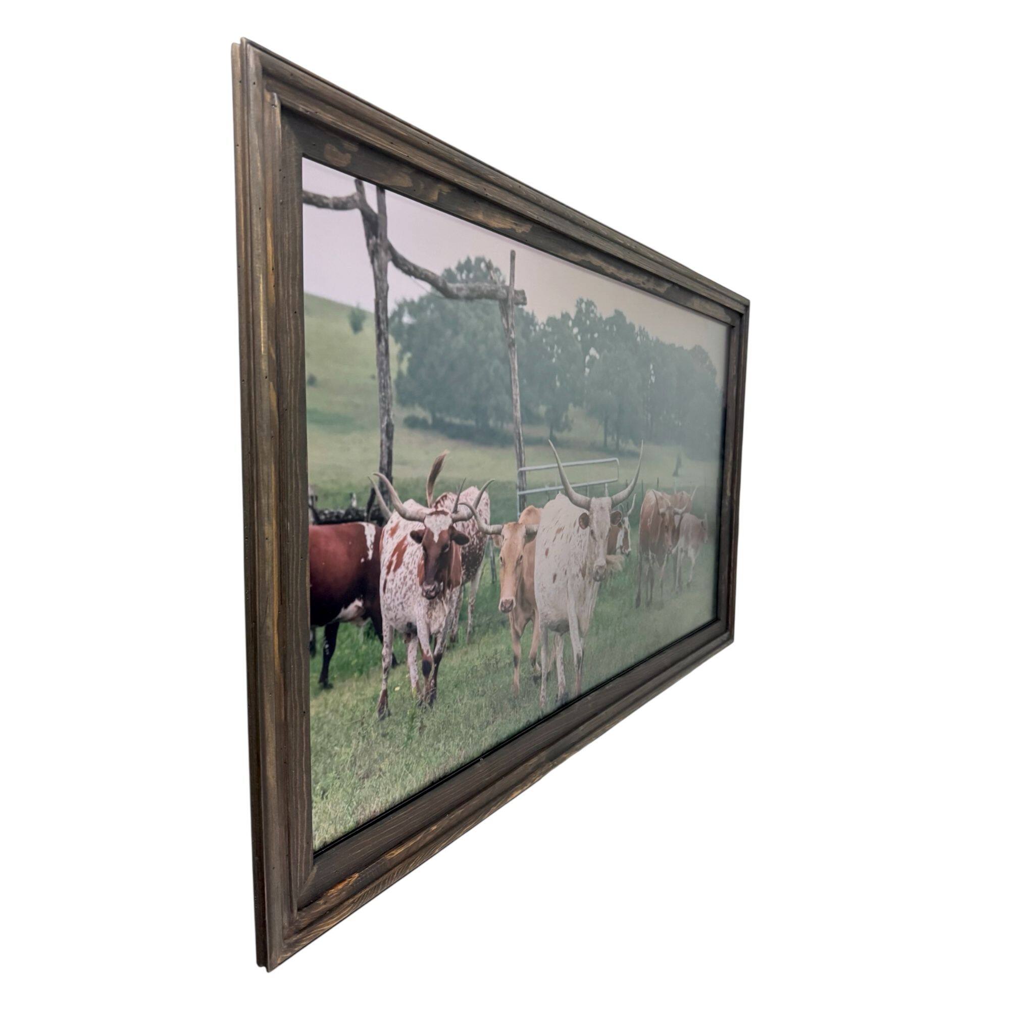 Angle. LAREDO FRAME FACTORY - 65 inch Hisense Canvas TV Frame, Canvas TV by Hisense - RUSTIC DARK WOOD.