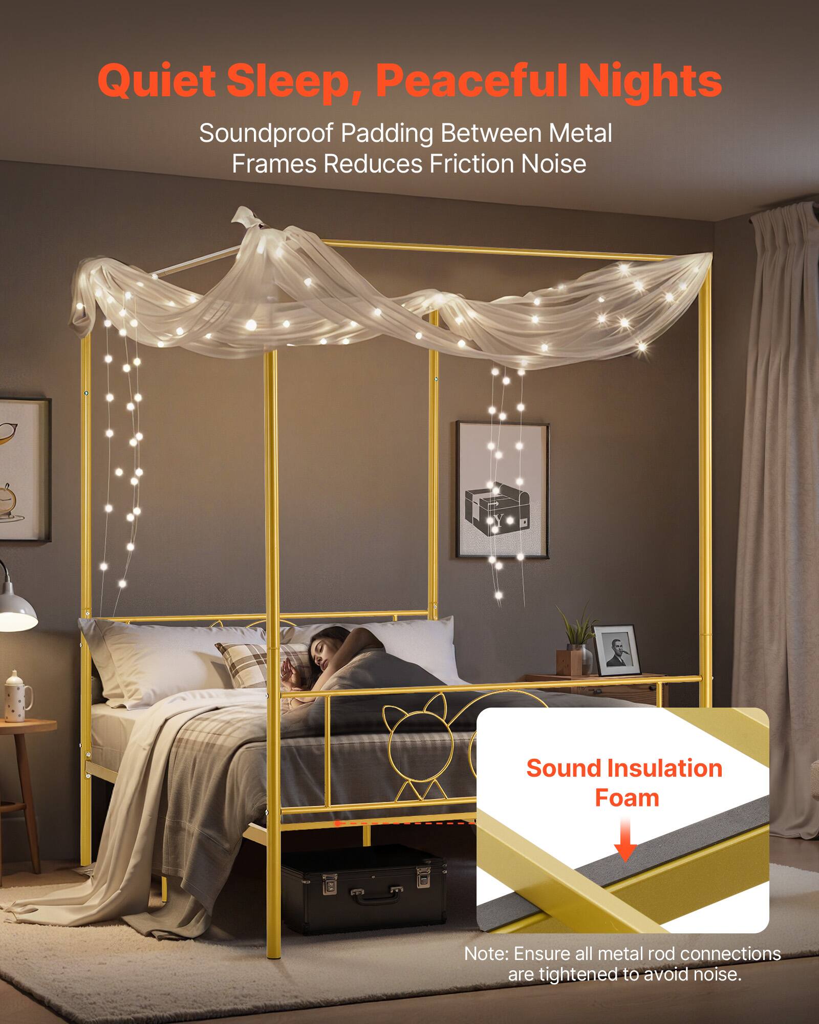 Quiet Sleep, Peaceful Nights  
Soundproof Padding Between Metal Frames Reduces Friction Noise  

Sound Insulation Foam  

Note: Ensure all metal rod connections are tightened to avoid noise.