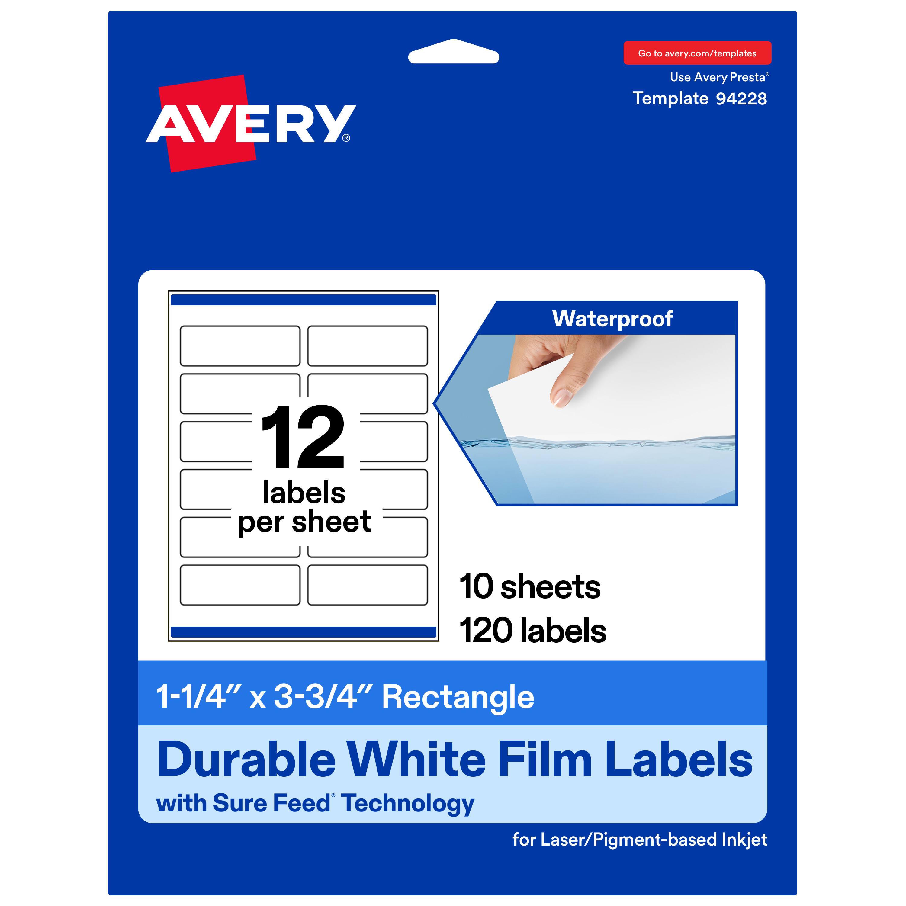 Go to avery.com/templates  
Use Avery Presta™ Template 94228  

Waterproof  
12 labels per sheet  
10 sheets  
120 labels  

1-1/4" x 3-3/4" Rectangle  
Durable White Film Labels with Sure Feed™ Technology for Laser/Pigment-based Inkjet
