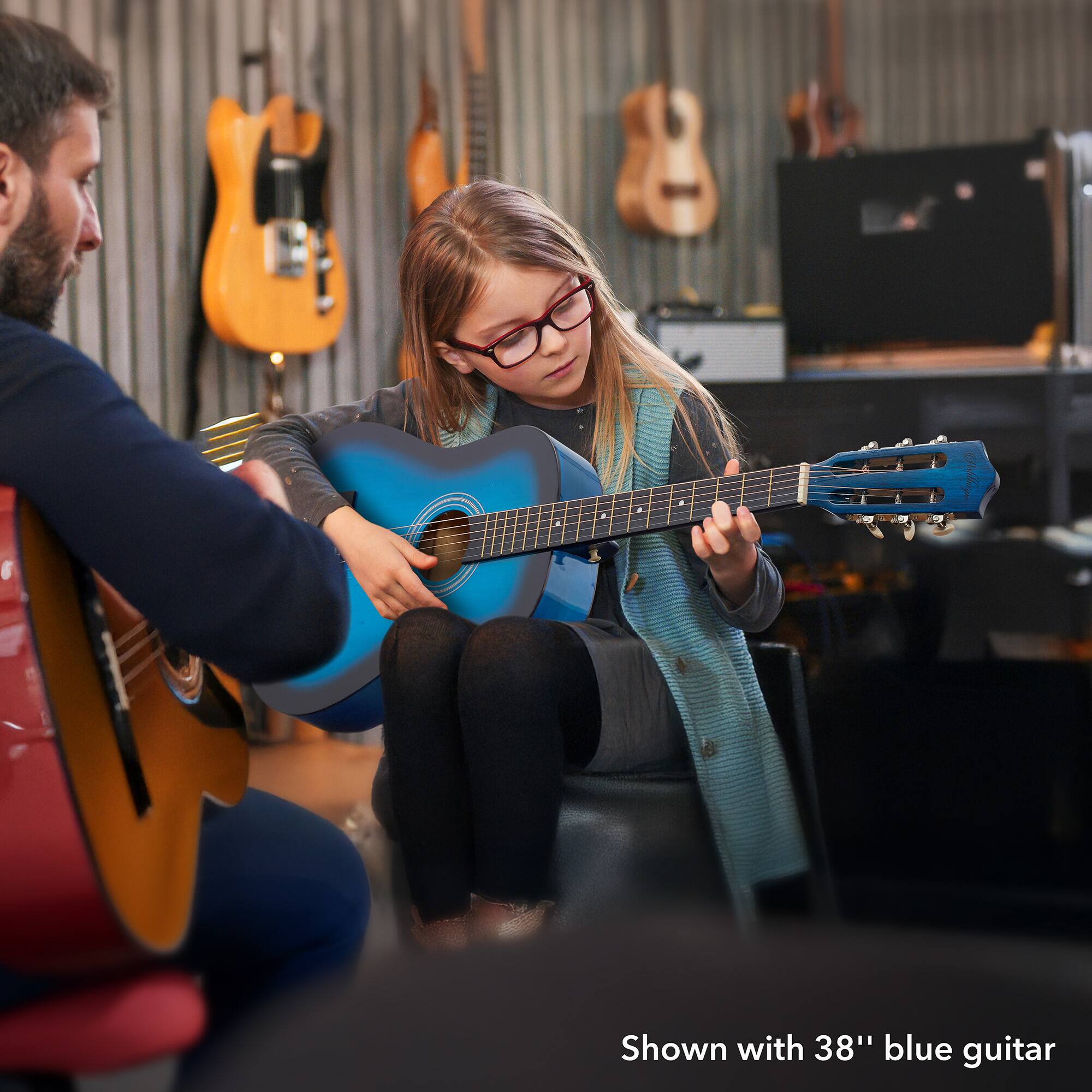 Shown with 38" blue guitar
