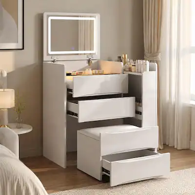 Front. RYHNUYNE - 3-in-1 Flip Mirror Vanity Desk, Makeup Dressing Table, Adjustable LED Lights, Sliding Tray, Stool, White - White.