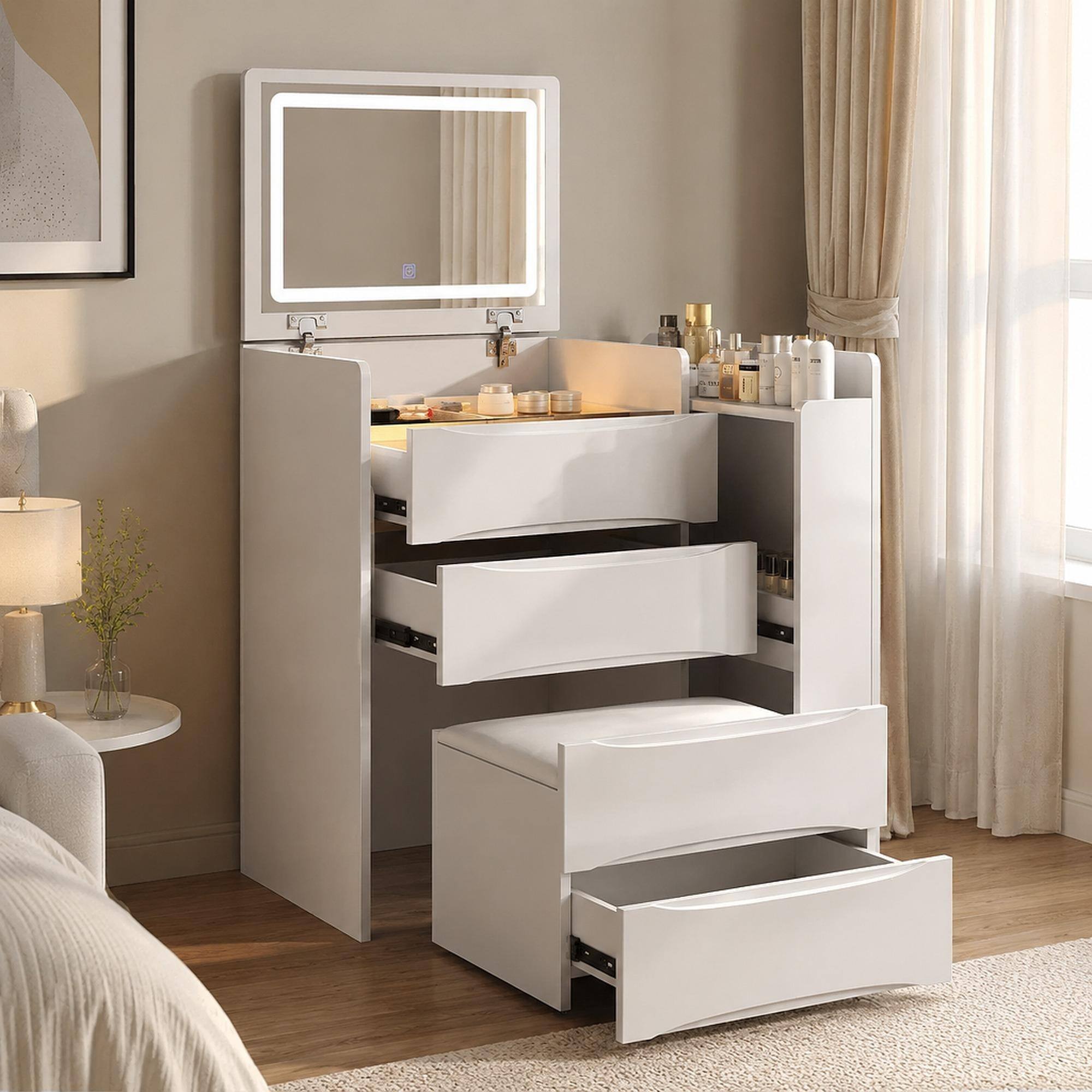 Front. RYHNUYNE - 3-in-1 Flip Mirror Vanity Desk, Makeup Dressing Table, Adjustable LED Lights, Sliding Tray, Stool, White - White.