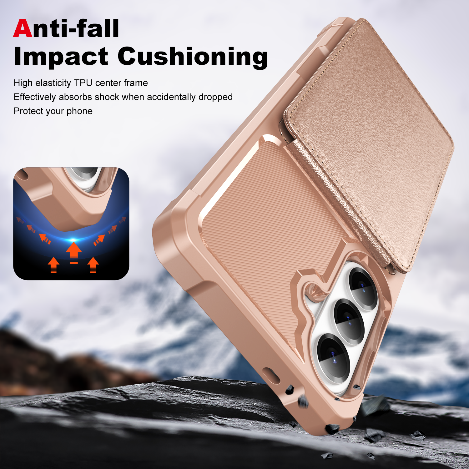Anti-fall Impact Cushioning

High elasticity TPU center frame  
Effectively absorbs shock when accidentally dropped  
Protect your phone