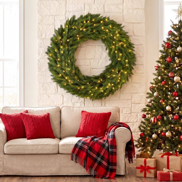Alt View 9. PULUZ - Christmas Decoration, 48 in Pre-Lit Norwegian Spruce Artificial Christmas Wreath with 150 LED Lights - Green.