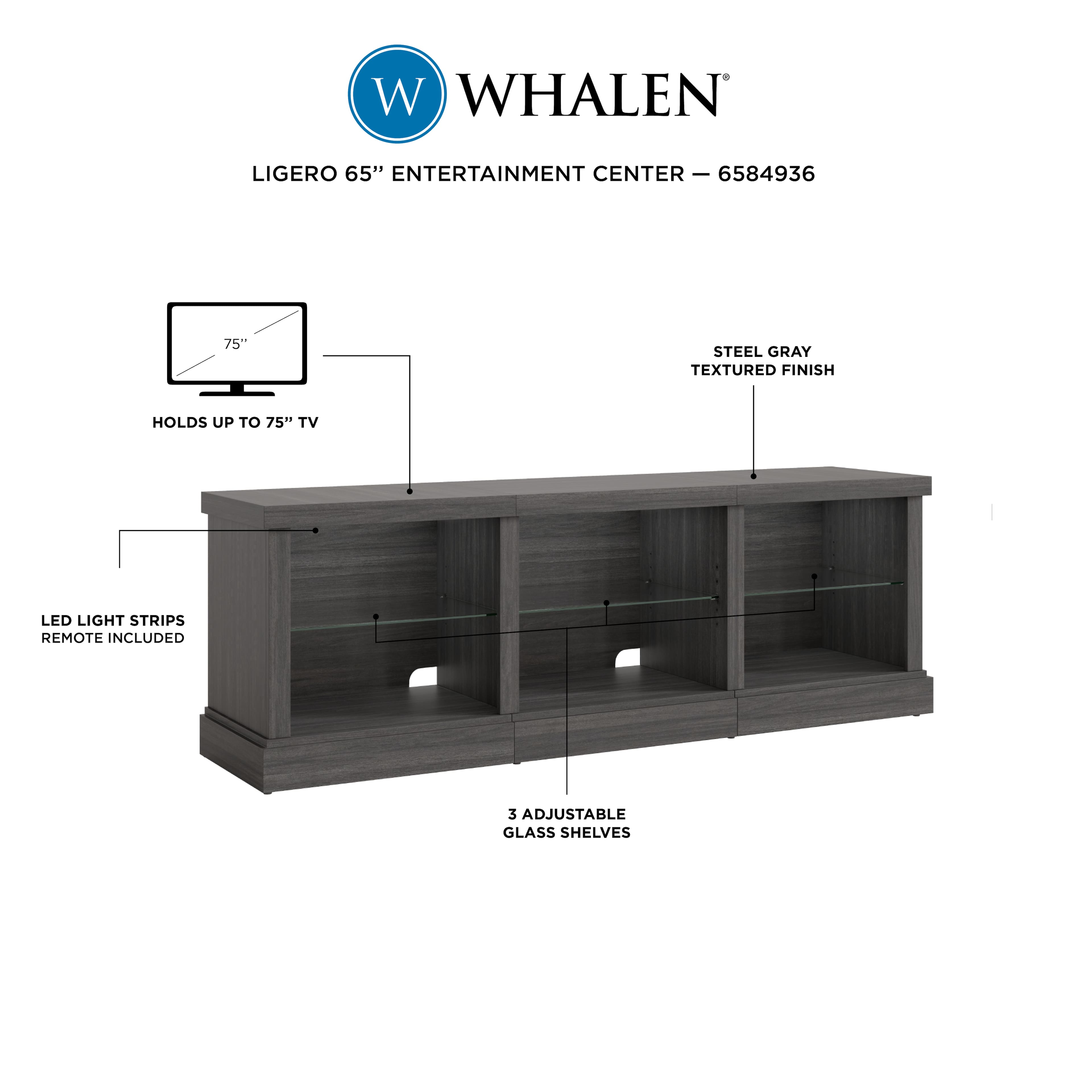 W Whalen Ligerio 65" Entertainment Center - 6584936 - 75" Steel Gray Textured Finish - Holds up to 75" TV - LED Light Strips - Remote Included - 3 Adjustable Glass Shelves