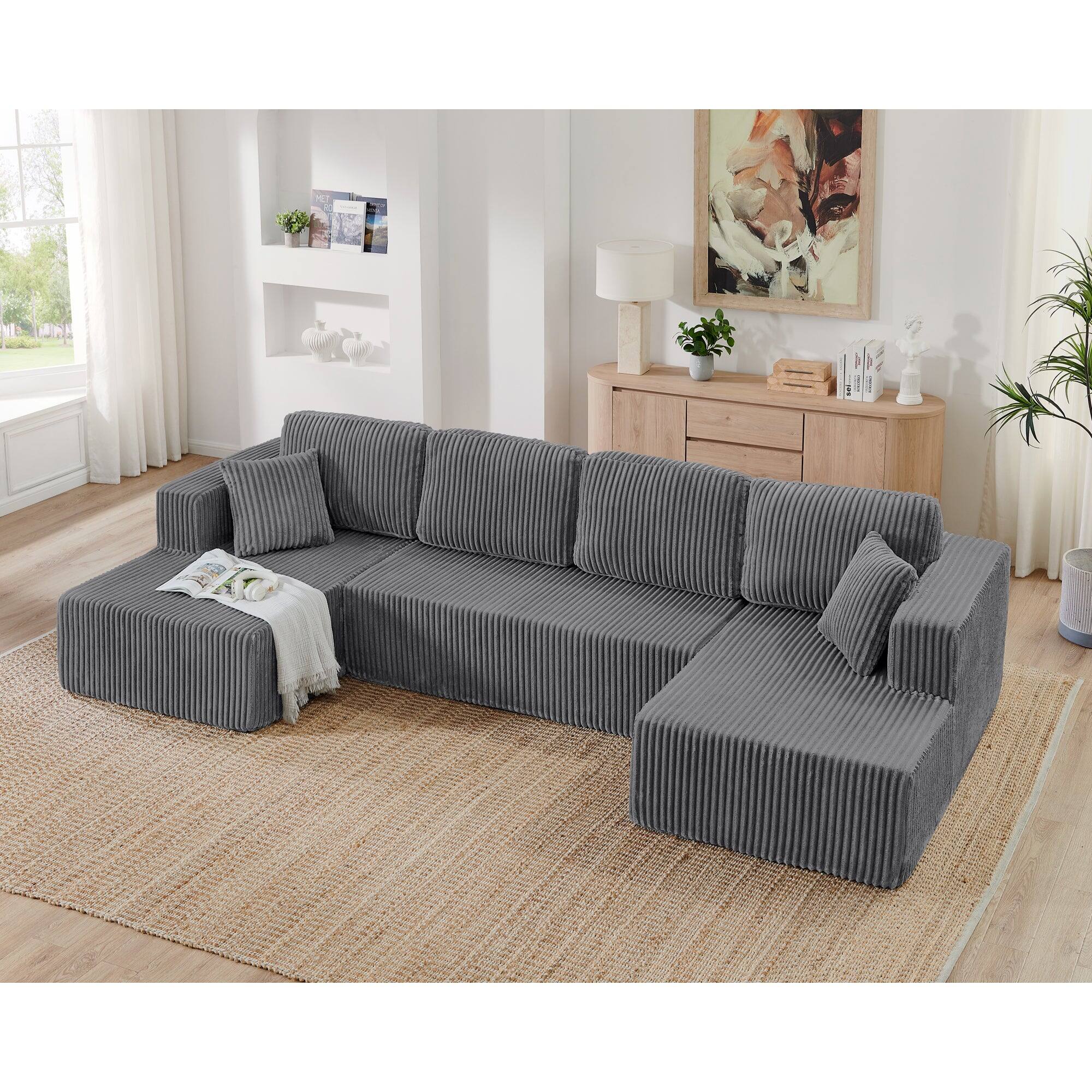 Alt View 4. Boyel Living - U Shape Modular Sectional Sofa Compressed Corduroy Couch Minimalist Sleeper Sofa for Living Room and Bedroom Grey - Grey.