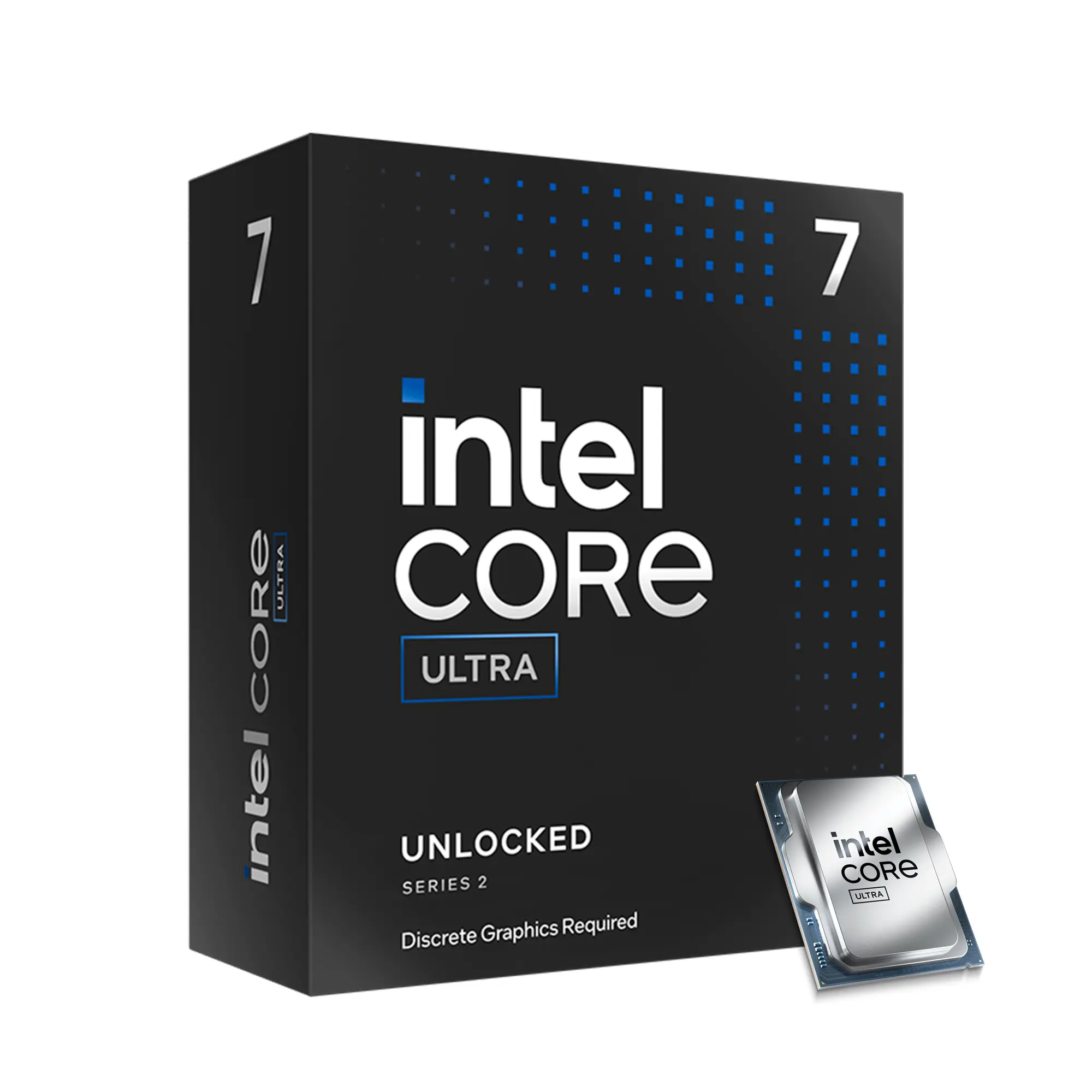 The text on the image is grouped as follows:
1. "Intel Core Ultra"
2. "Ultra"
3. "Discrete Graphics Required"
4. "Intel Series 2 Core Ultra"
The corrected text would be:
1. "Intel Core Ultra"
2. "Ultra"
3. "Discrete Graphics Required"
4. "Intel Series 2 Core Ultra"