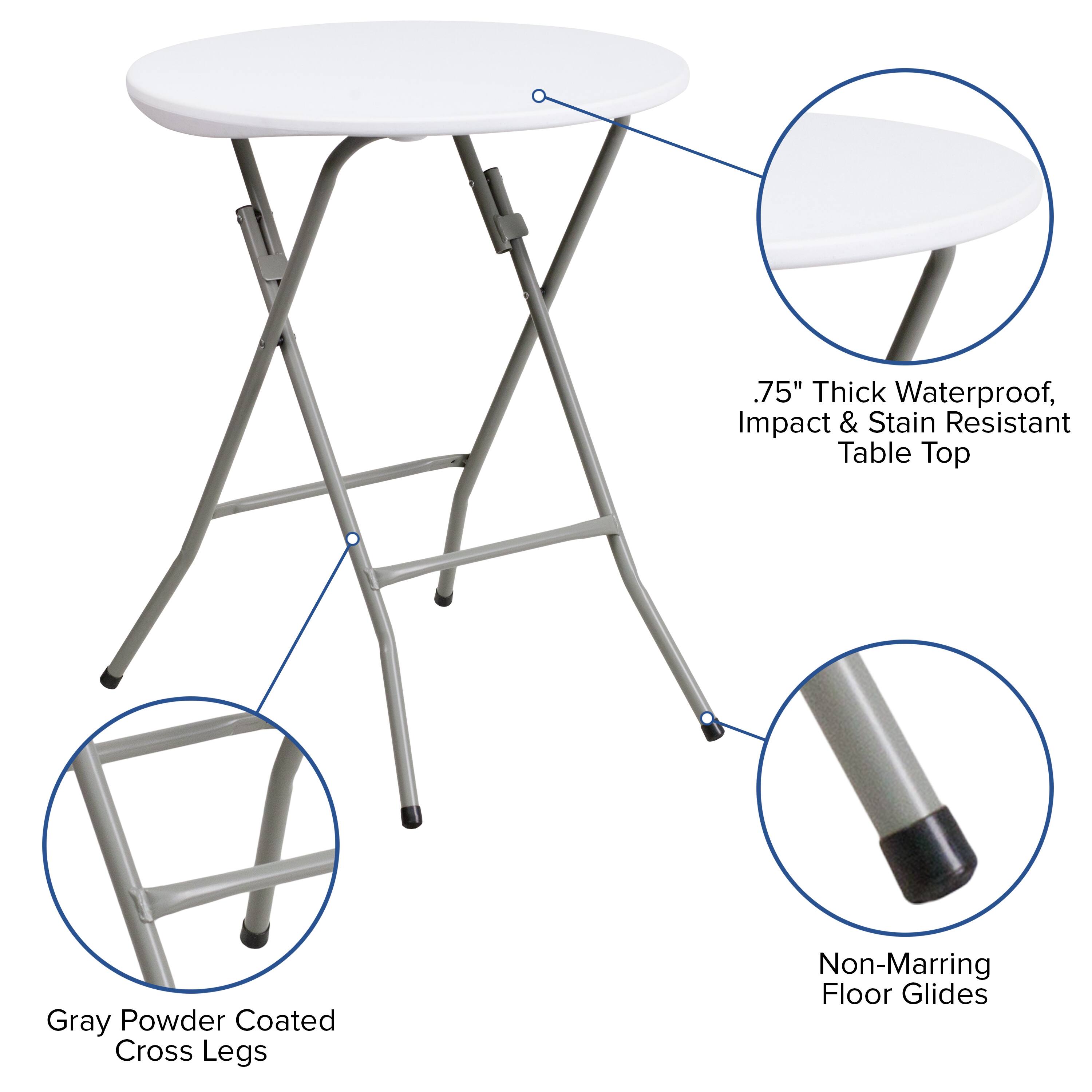 .75" Thick Waterproof, Impact & Stain Resistant Table Top  
Gray Powder Coated Cross Legs  
Non-Marring Floor Glides
