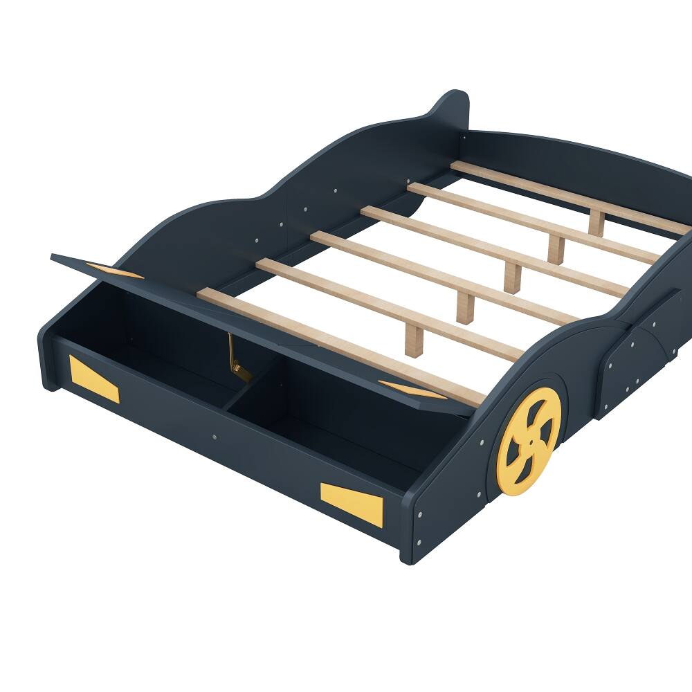 Alt View 9. Loheer - Loheer Full Size Race Car Bed with Storage Wheels Dark Blue - Dark Blue+Yellow.