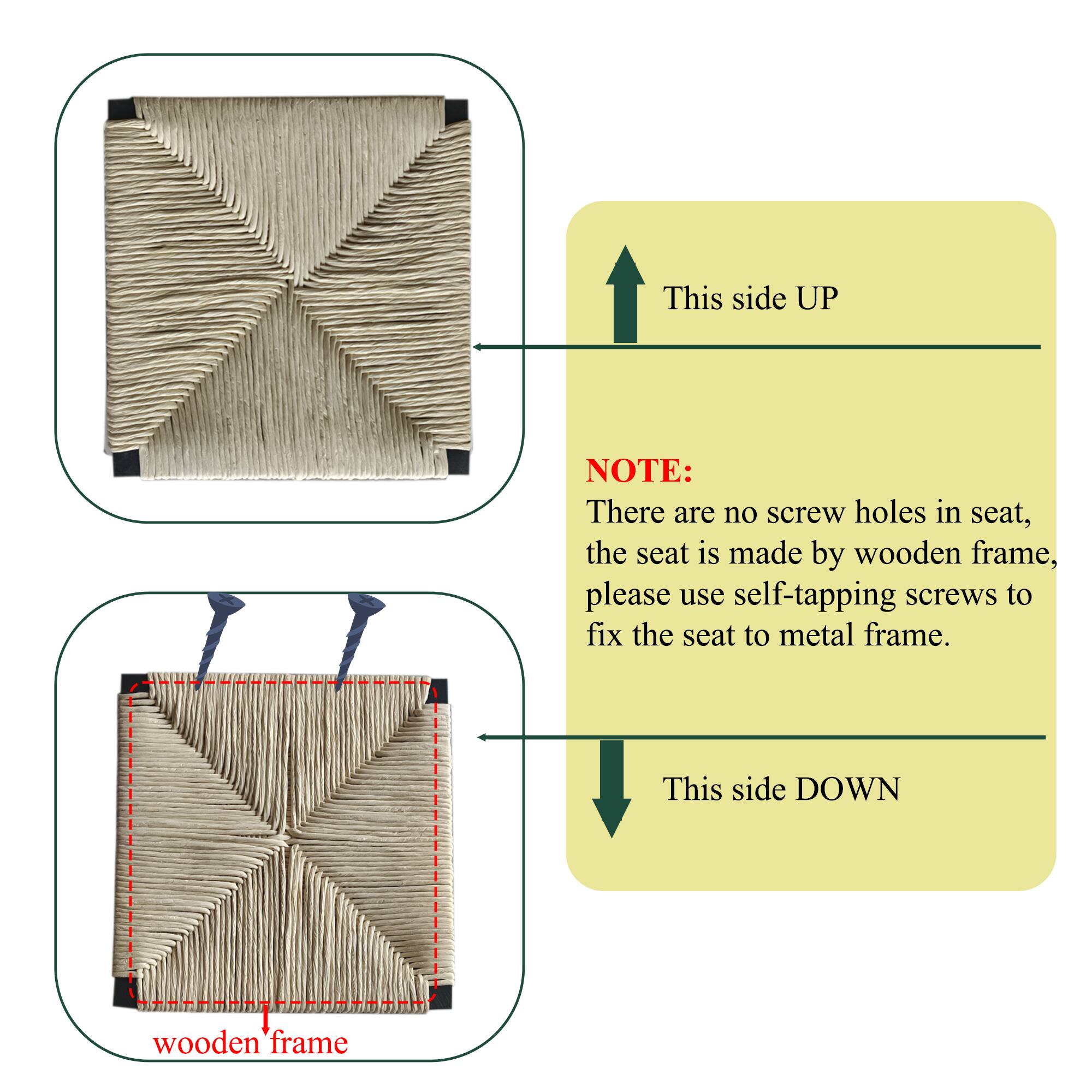 This side UP

NOTE:
There are no screw holes in seat, the seat is made by wooden frame, please use self-tapping screws to fix the seat to metal frame.

This side DOWN

wooden frame