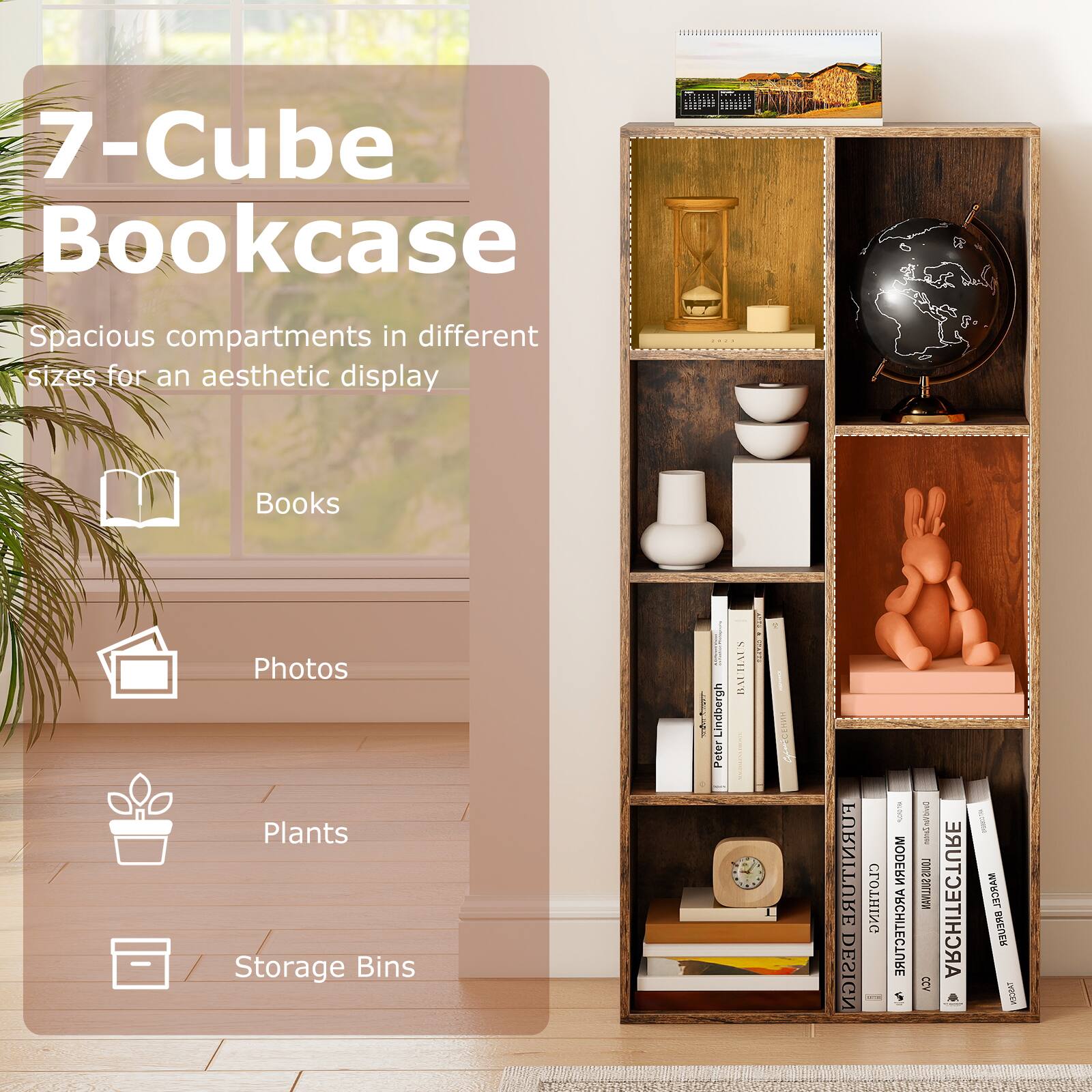 7-Cube Bookcase  
Spacious compartments in different sizes for an aesthetic display  
- Books  
- Photos  
- Plants  
- Storage Bins  

Lndbergh Peter  
BAUHAUS B E AUTARTI H FURNITURE CLOTHING DESIGN  
- | MODERN ARCHITECTURE DHLINTAN WA 2 ARCHITECTURE i MARCEL RUSN V