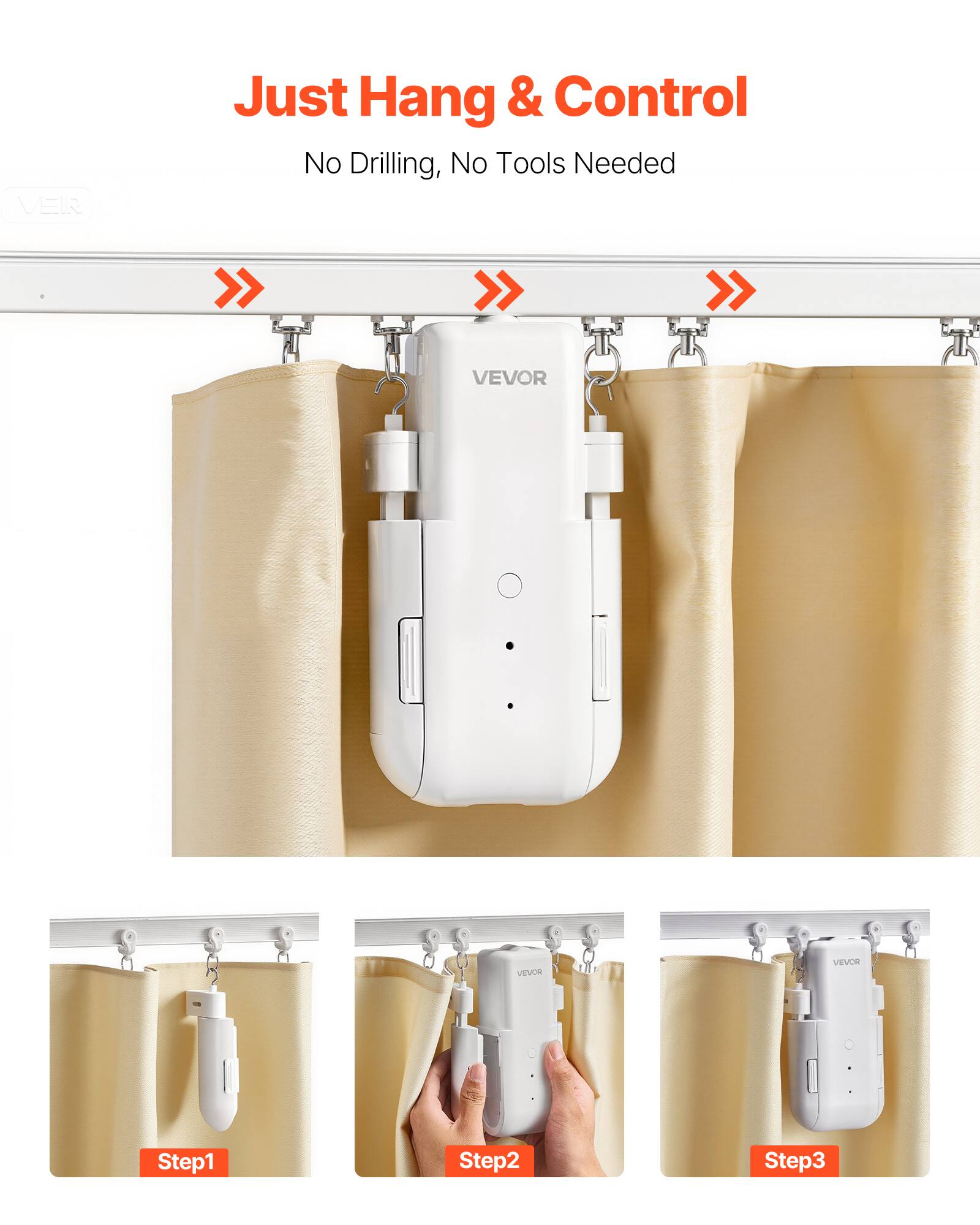 Just Hang & Control  
No Drilling, No Tools Needed  

VEVOR  

Step1  
Step2  
Step3