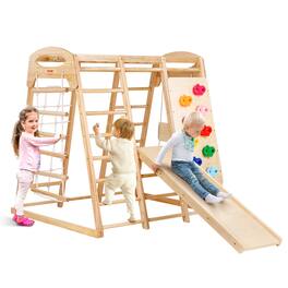 VEVOR - Indoor Jungle Gym, 7-in-1 Toddler Indoor Playground, 43 x 47.2 x 47 inch, with Wood and Rope Ladder, Net Ladder, Swing - Natural wood color