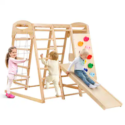 Front. VEVOR - Indoor Jungle Gym, 7-in-1 Toddler Indoor Playground, 43 x 47.2 x 47 inch, with Wood and Rope Ladder, Net Ladder, Swing - Natural wood color.