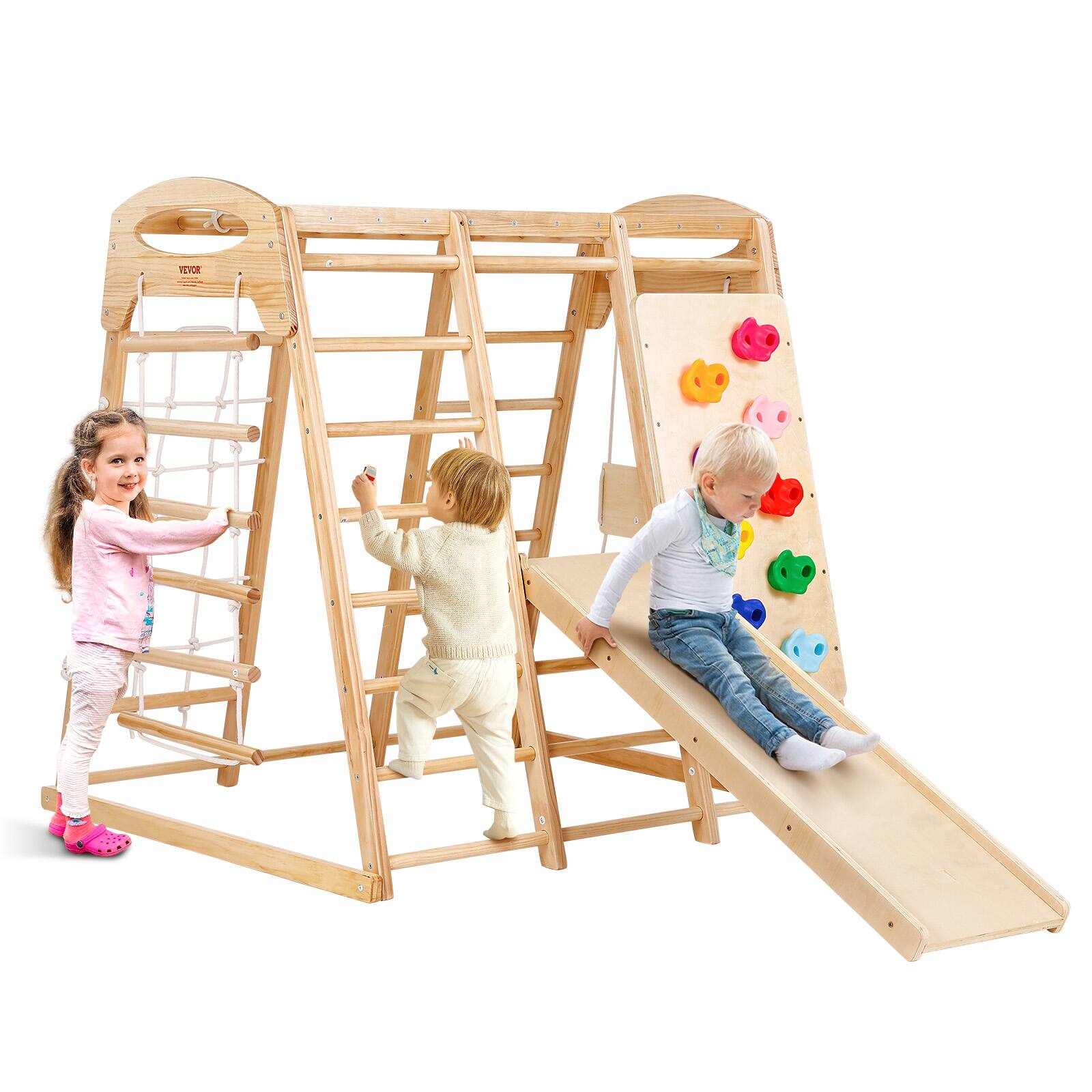 Front. VEVOR - Indoor Jungle Gym, 7-in-1 Toddler Indoor Playground, 43 x 47.2 x 47 inch, with Wood and Rope Ladder, Net Ladder, Swing - Natural wood color.