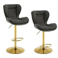 Costway Adjustable Metal Bar Stool Set of 2 leatherette Bar Chairs with Padded Seat & Footrest - Gray + Gold - Front_Zoom