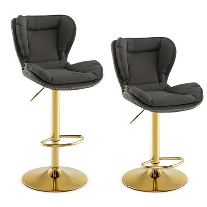 Front. Costway - Adjustable Metal Bar Stool Set of 2 leatherette Bar Chairs with Padded Seat & Footrest - Gray + Gold.
