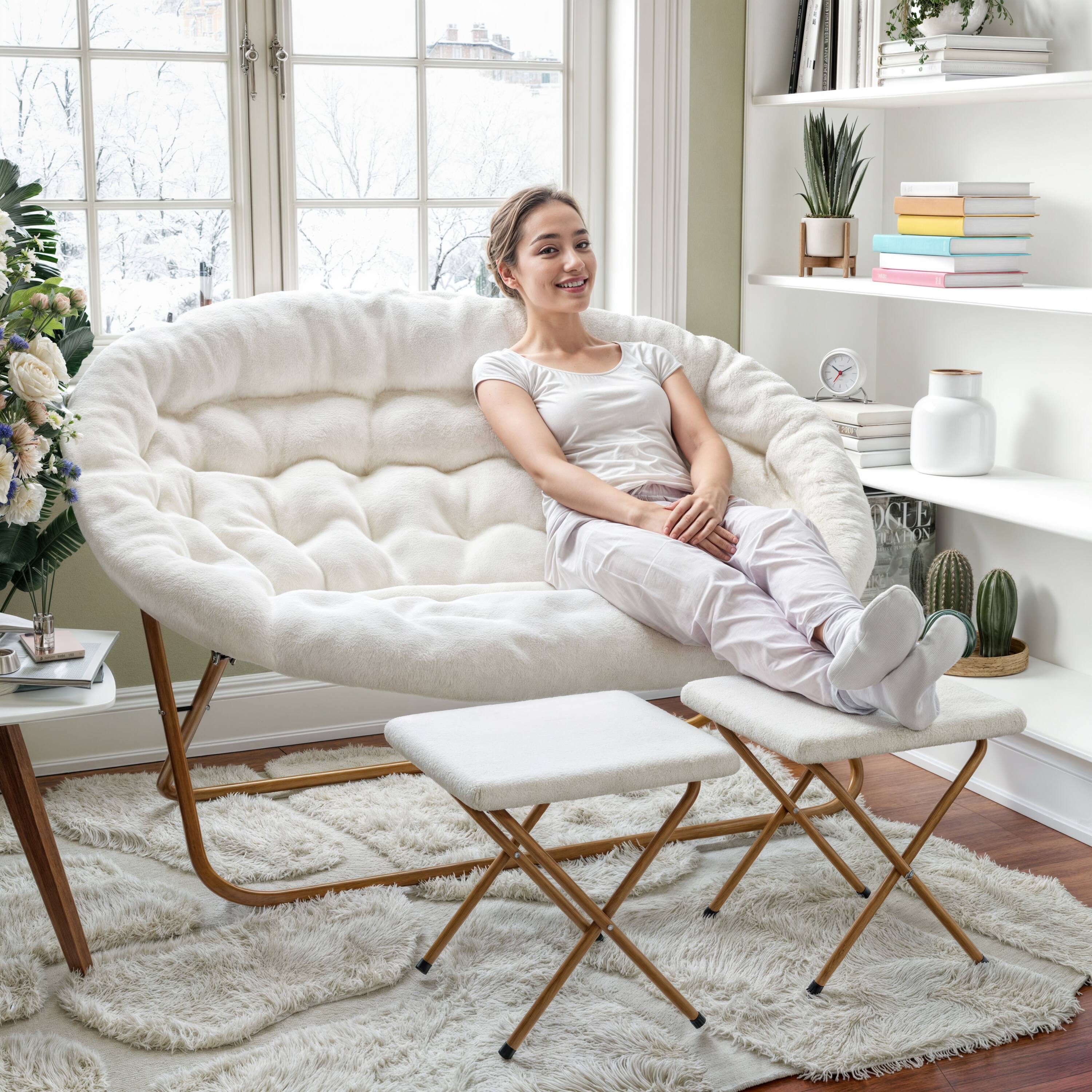 Alt View 3. Emma + Oliver - Janey Folding Double Saucer Chair with 2 Ottomans and Steel Frame for Dorm or Bedroom - Ivory Faux Shearling Fabric/Soft Gold Frame.
