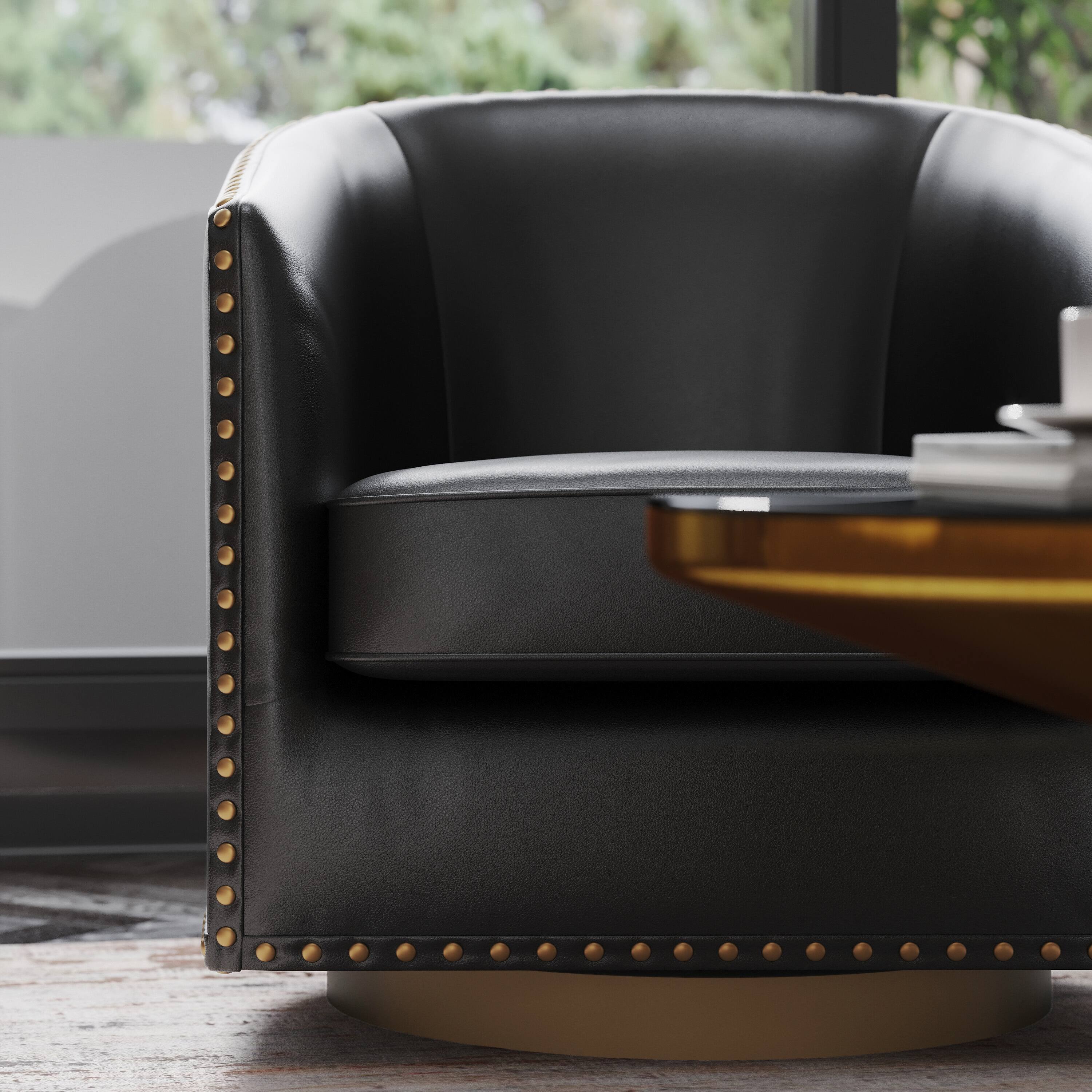 Alt View 4. Emma + Oliver - Cole Upholstered Club Style Barrel Accent Chair with 360° Swivel Vinyl Wrapped Base and Decorative Nail Head Trim - Black.