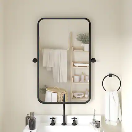 Front. Emma + Oliver - Mason Pivot Wall Mirror with Slim Frame and Silver Backed Glass for Clarity for Bathrooms - Black.