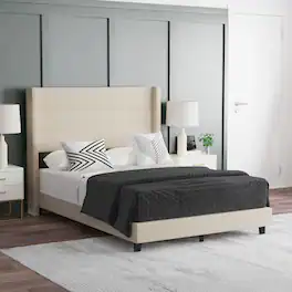 Emma + Oliver - Upholstered Platform Bed with Wingback Headboard - Beige