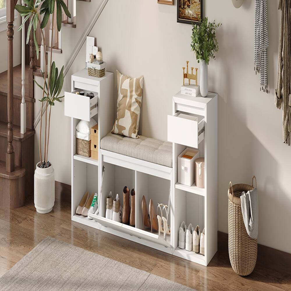 Alt View 1. Ropilly - Ropilly White Entryway Storage Bench with Cushion Drawers and Open Shoe Shelves - White.