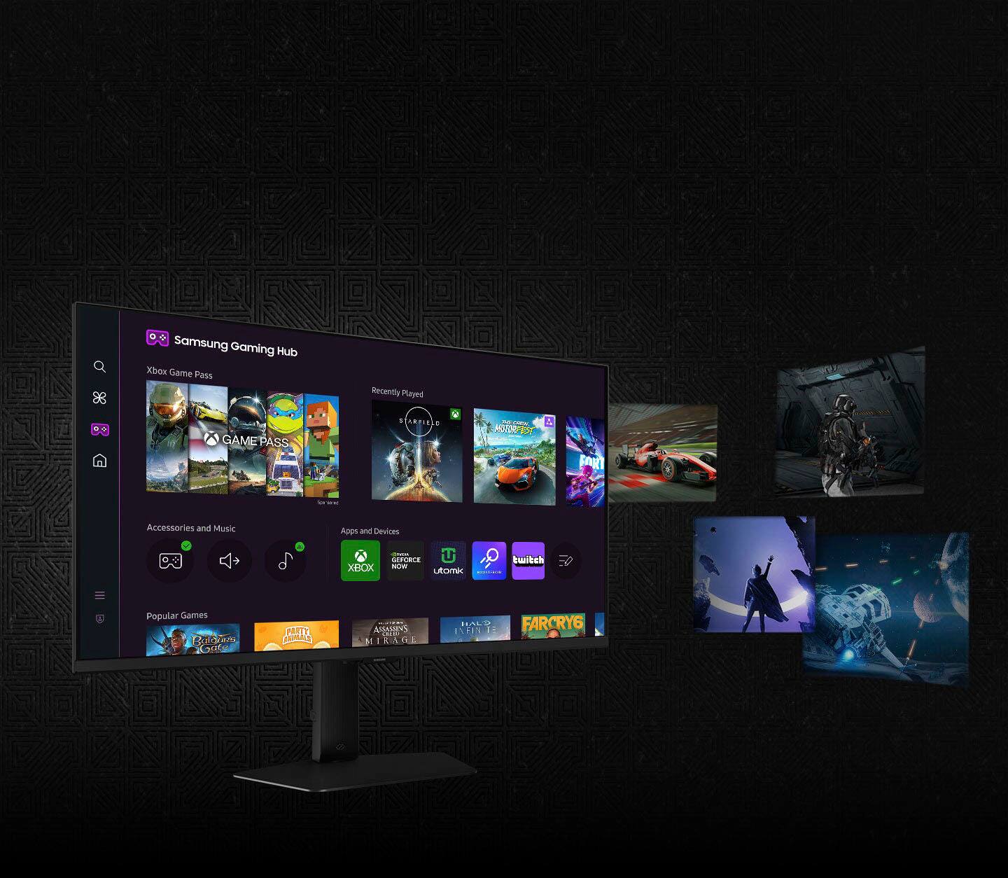 Samsung Gaming Hub Xbox Game Pass Recently Played Game Pass ARBITRARY Accessories and Music Apps and Devices + XBOX I  MRR NOW Link to Twitch Popular Games Bubjam 10s4 JT ARIS SASSENS ...O. D MIRAGE HALD INFIX FARCRY6