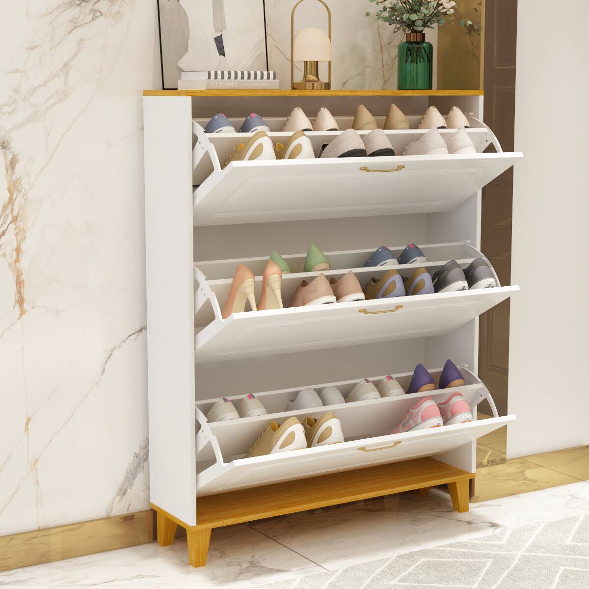 Alt View 5. Famapy - Famapy Modern Flip - Down Shoe Cabinet with Solid Wood Legs - White & Wooden.