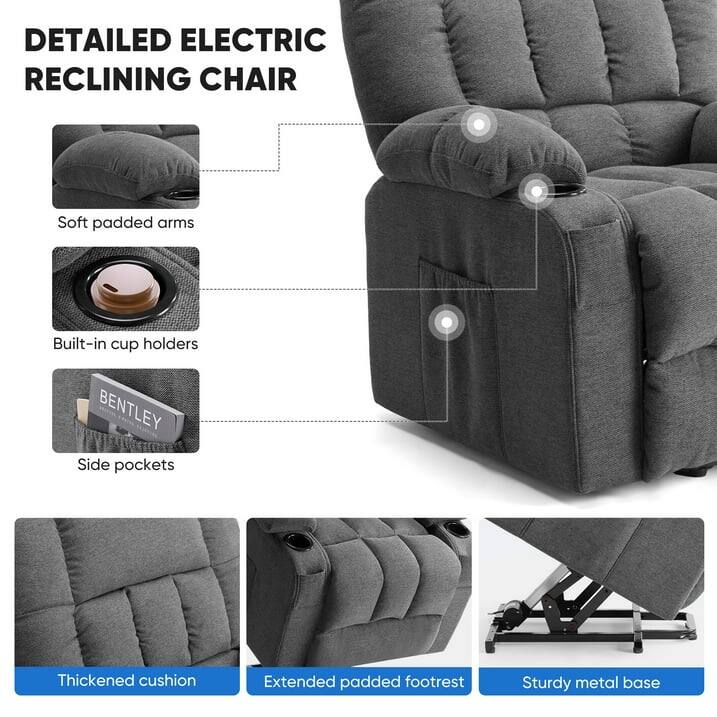 DETAILED ELECTRIC RECLINING CHAIR

- Soft padded arms
- Built-in cup holders
- Side pockets
- Thickened cushion
- Extended padded footrest
- Sturdy metal base