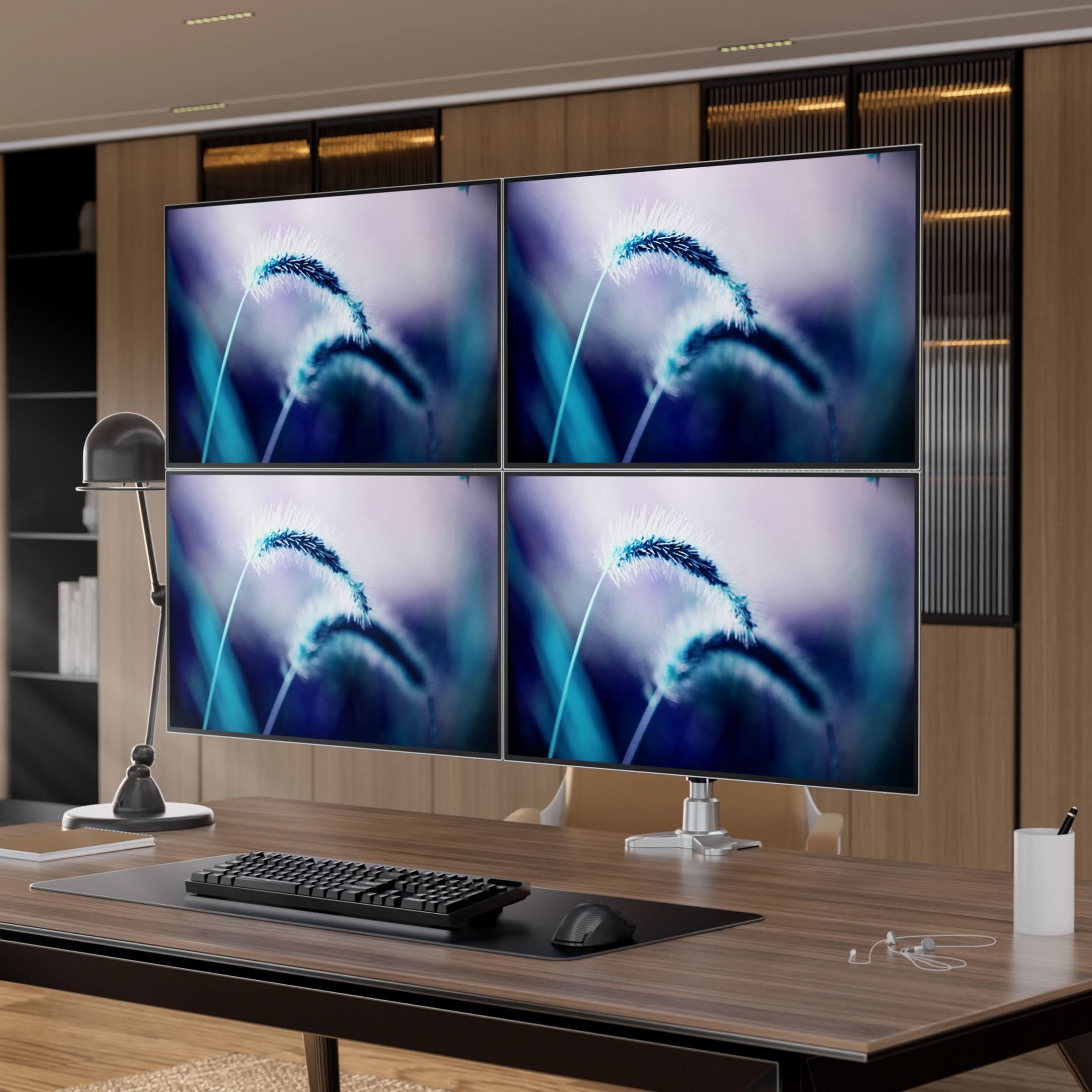 Left. Mount-It! - CLiX Series Full Motion Quad Monitor Desk Mount with Gas Spring Arms – Height‑Adjustable 4‑Screen Desk Mount - Silver.