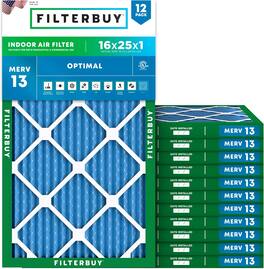 Filterbuy - 16x25x1 MERV 13 Smoke & Allergy Defense, Electrostatic Pleated HVAC AC Furnace Air Filters Replacement (12-Pack) - Blue