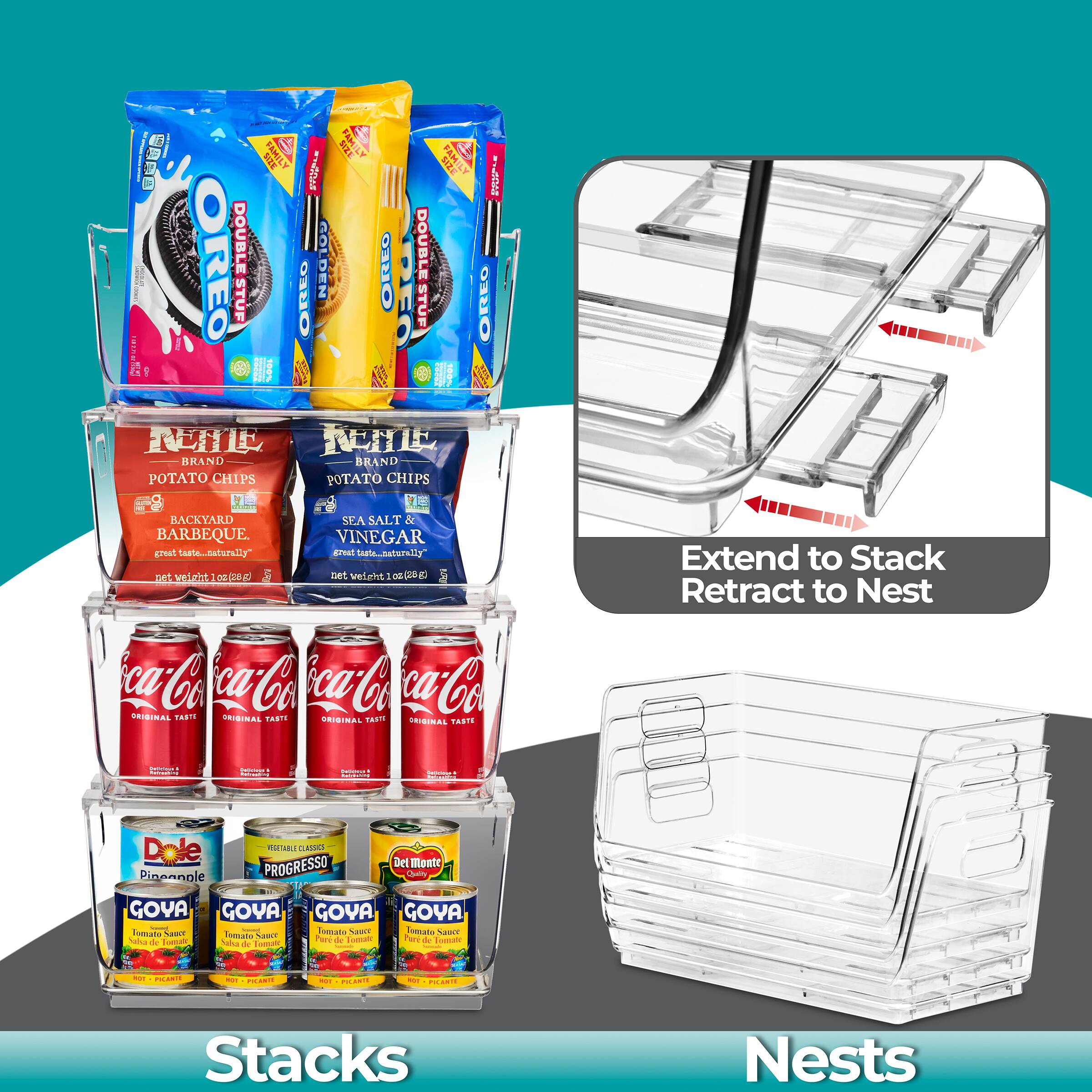 Sure, here is the corrected and grouped text from the image:

---

**Top Shelf:**
- DOUBLE STUFF OREO
- DOUBLE STUFF OREO GOLDEN
- DOUBLE STUFF OREO

**Middle Shelf:**
- REXIE BRAND POTATO CHIPS BACKYARD BARBECUE
- REXIE BRAND POTATO CHIPS SEA SALT & VINEGAR

**Bottom Shelf:**
- Coca-Cola ORIGINAL TASTE
- Coca-Cola ORIGINAL TASTE
- Coca-Cola ORIGINAL TASTE
- Coca-Cola ORIGINAL TASTE

**Bottom Shelf (Left to Right):**
- Dole Pineapple
- Progresso VESSEL CLASSIC
- Del Monte Pineapple
- Goya Tomato Sauce
- Goya Tomato Sauce
- Goya Tomato Sauce
- Goya Tomato Sauce

**Text on the Right:**
- Extend to Stack
- Retract to Nest

**Bottom Text:**
- Stacks
- Nests

---